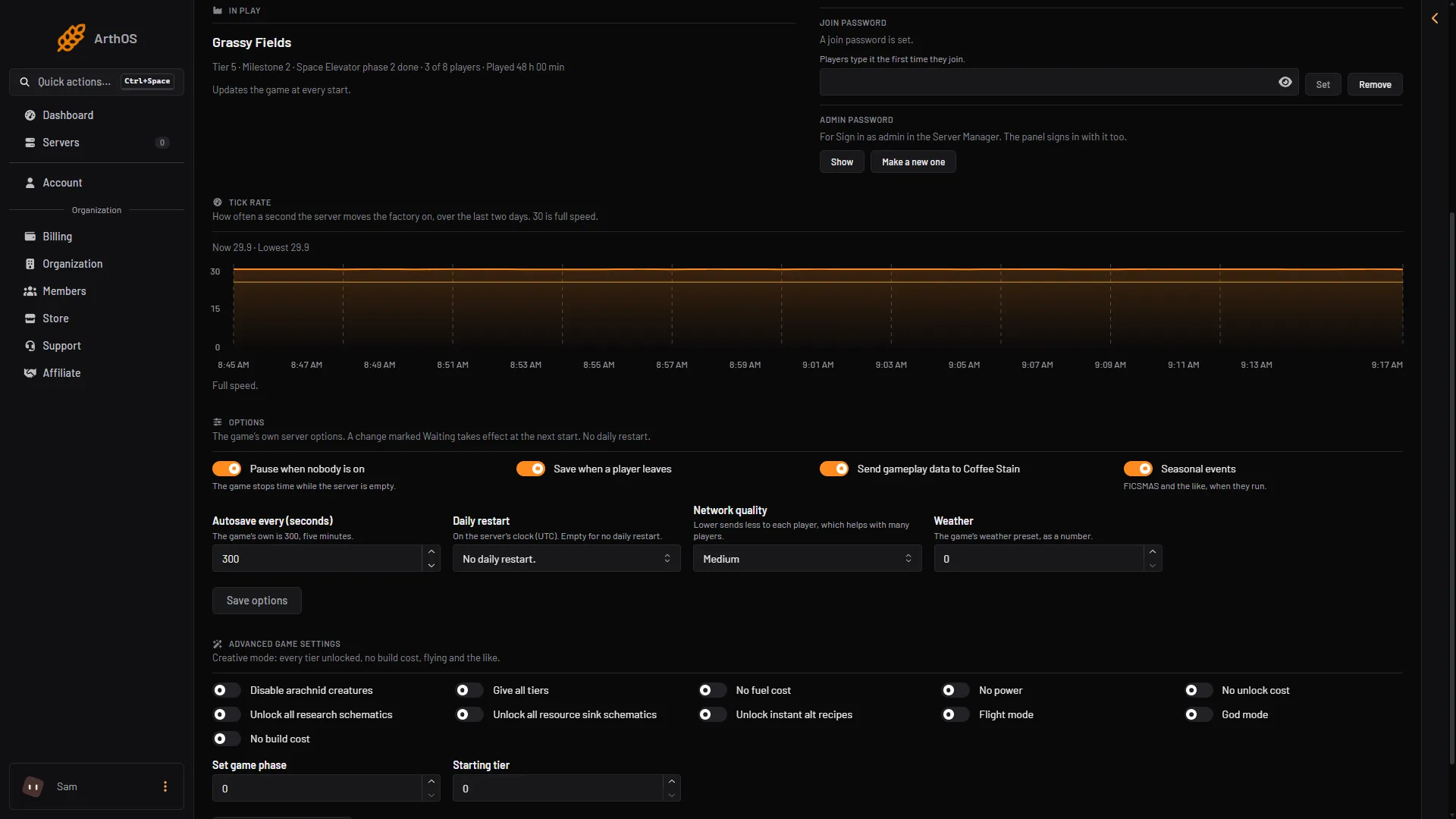 The Tick rate card on the Server page with the two-day chart and the Now and Lowest readings