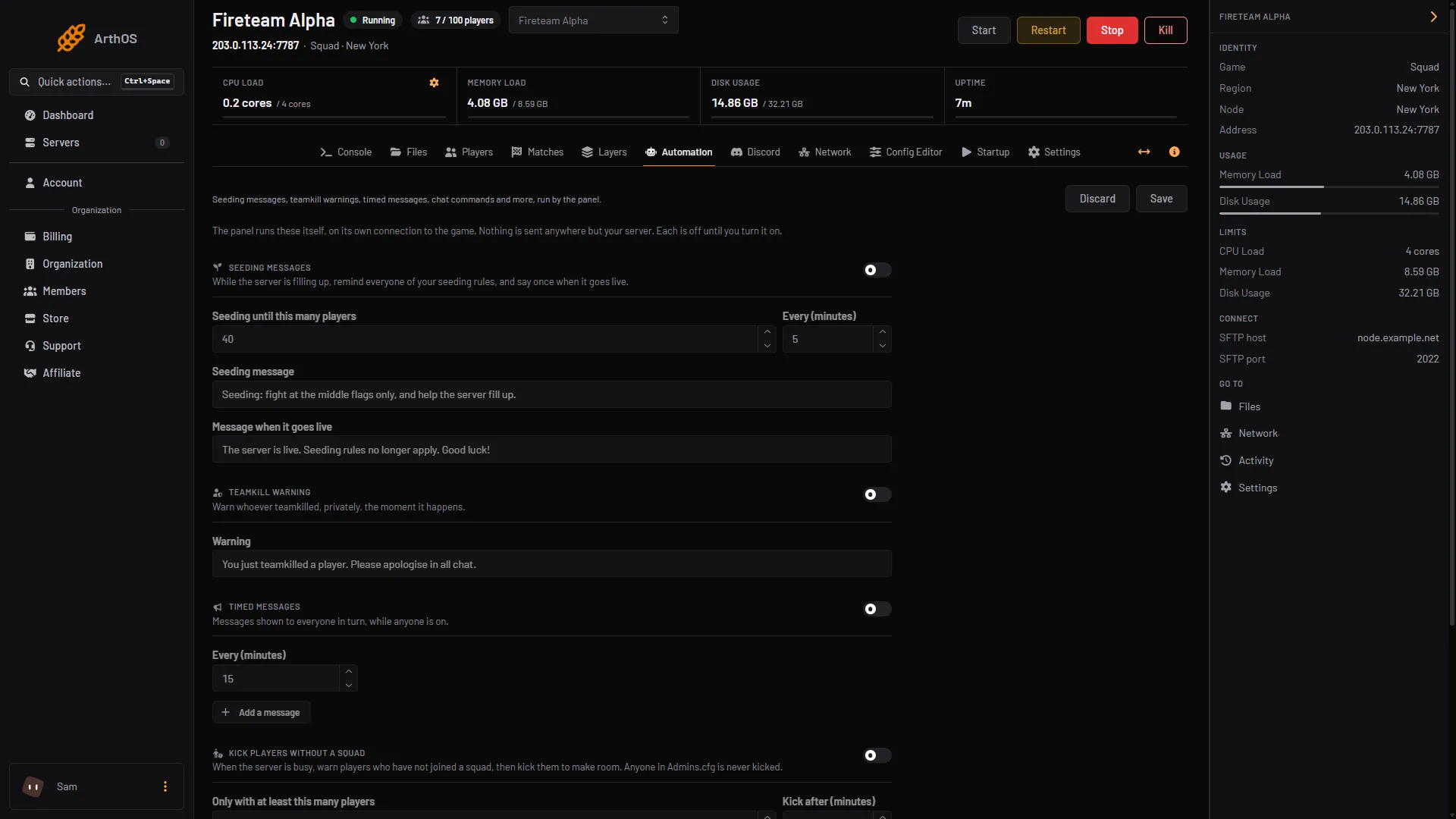 The Automation page with the Seeding messages section and its switch
