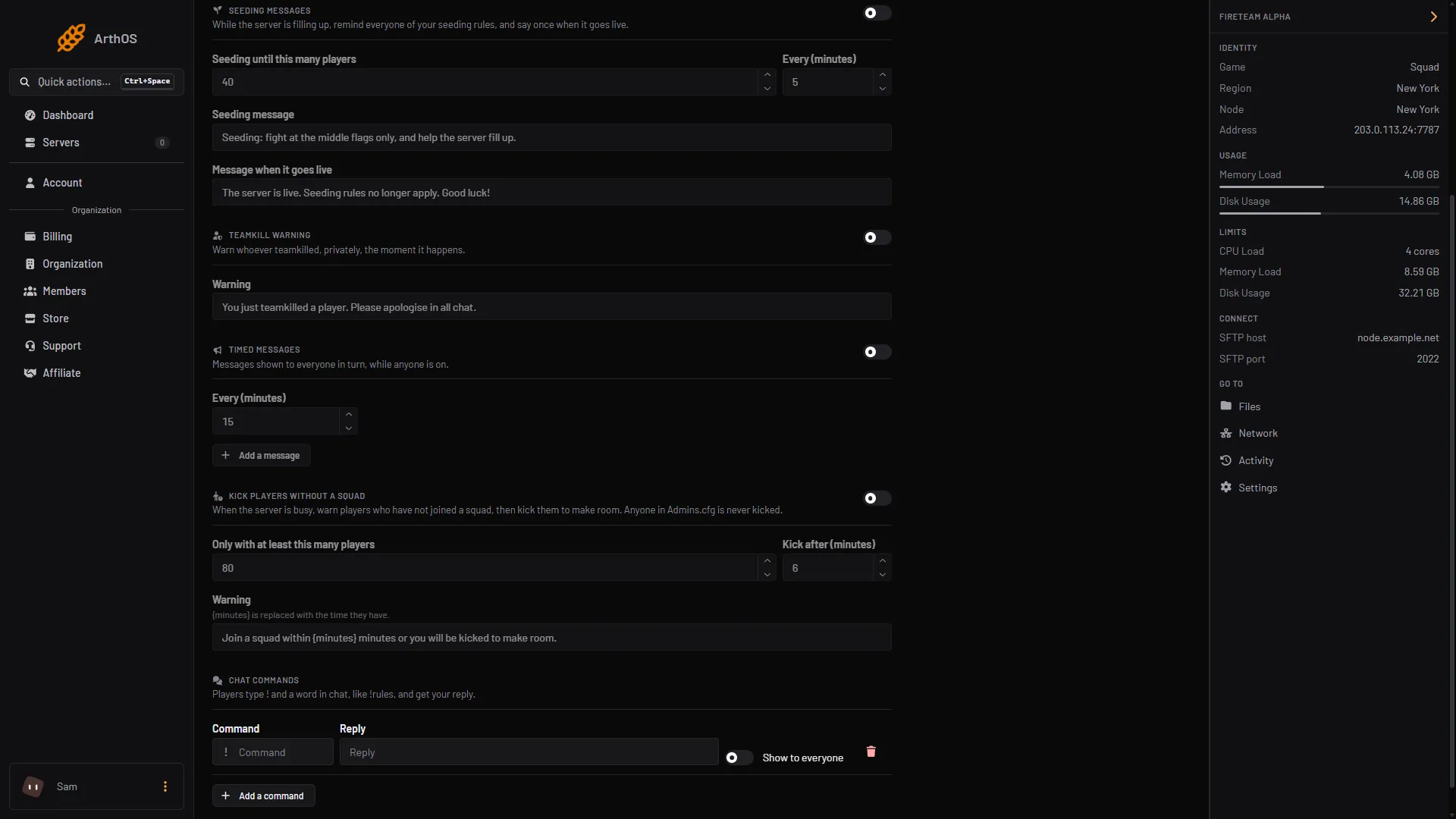 The Chat commands card with a command row and the Add a command button