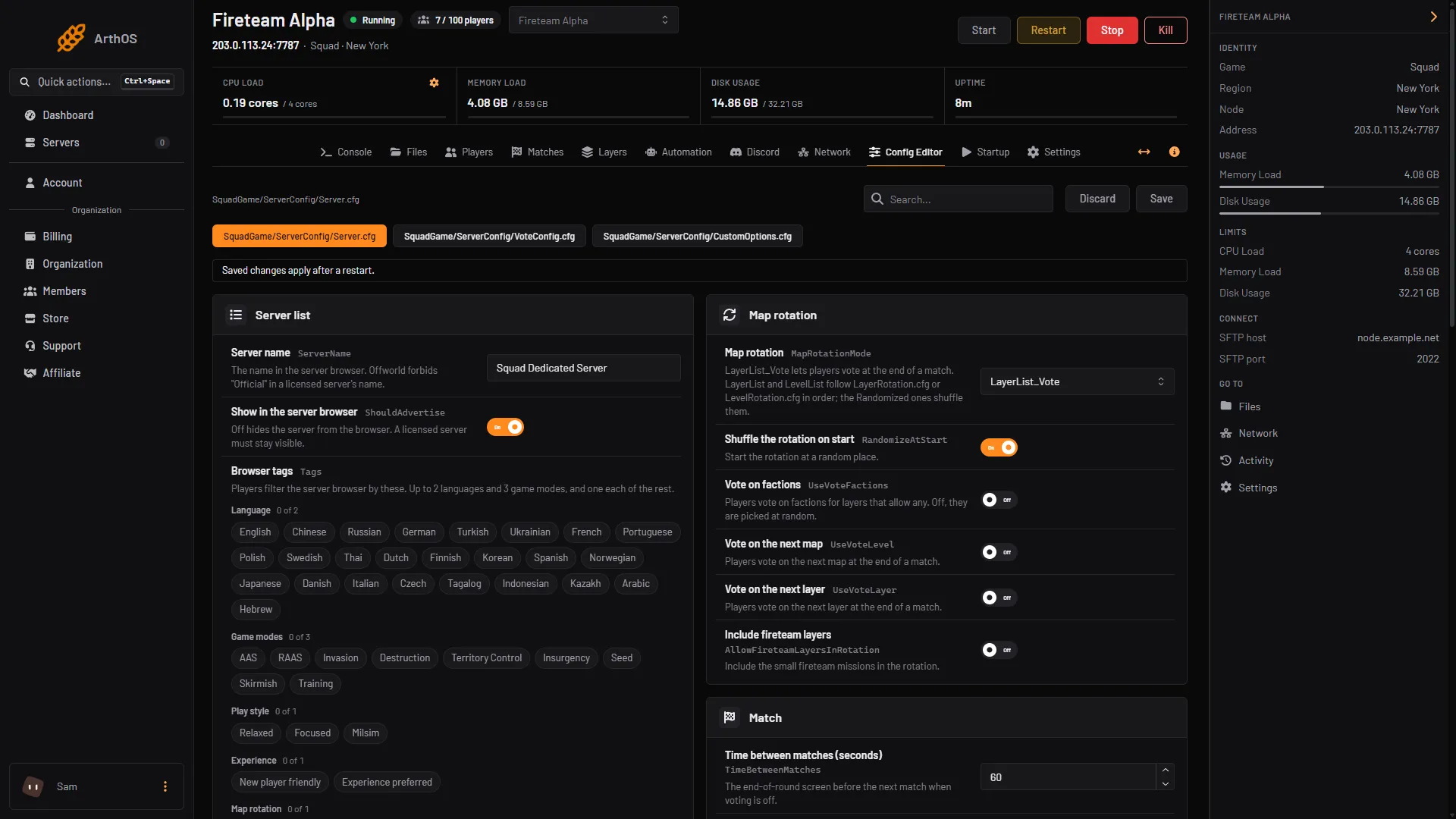 The Config Editor on Server.cfg, with the three file tabs marked