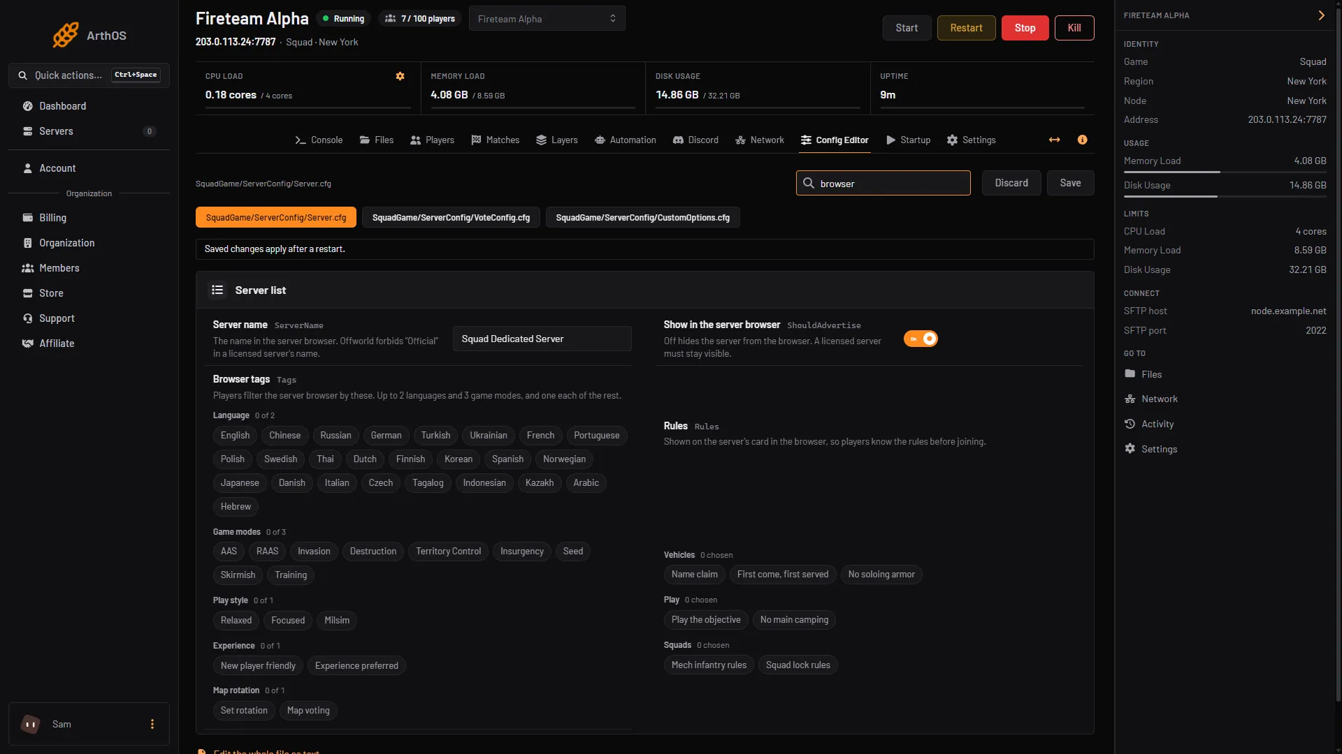 The Config Editor on Server.cfg, with Show in the server browser marked