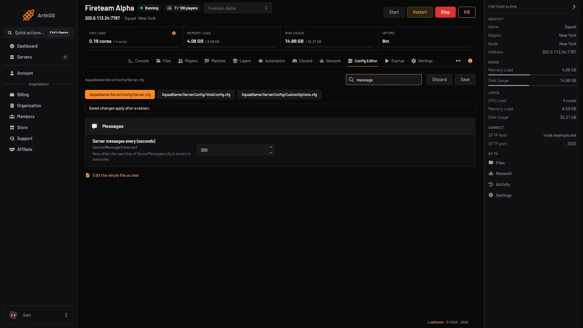 The Config Editor searched for message, showing Server messages every (seconds)