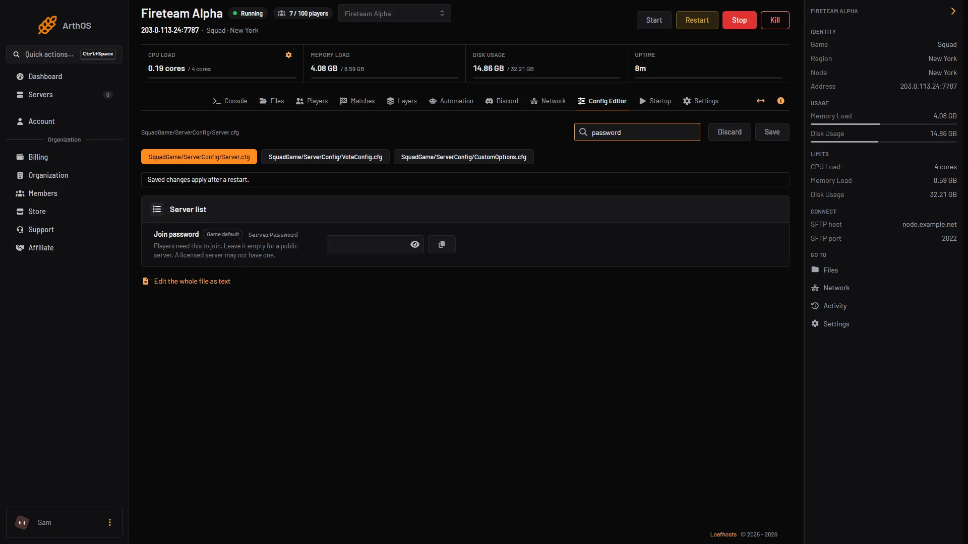 The Config Editor on the Server.cfg tab, searched for password, showing the Join password row