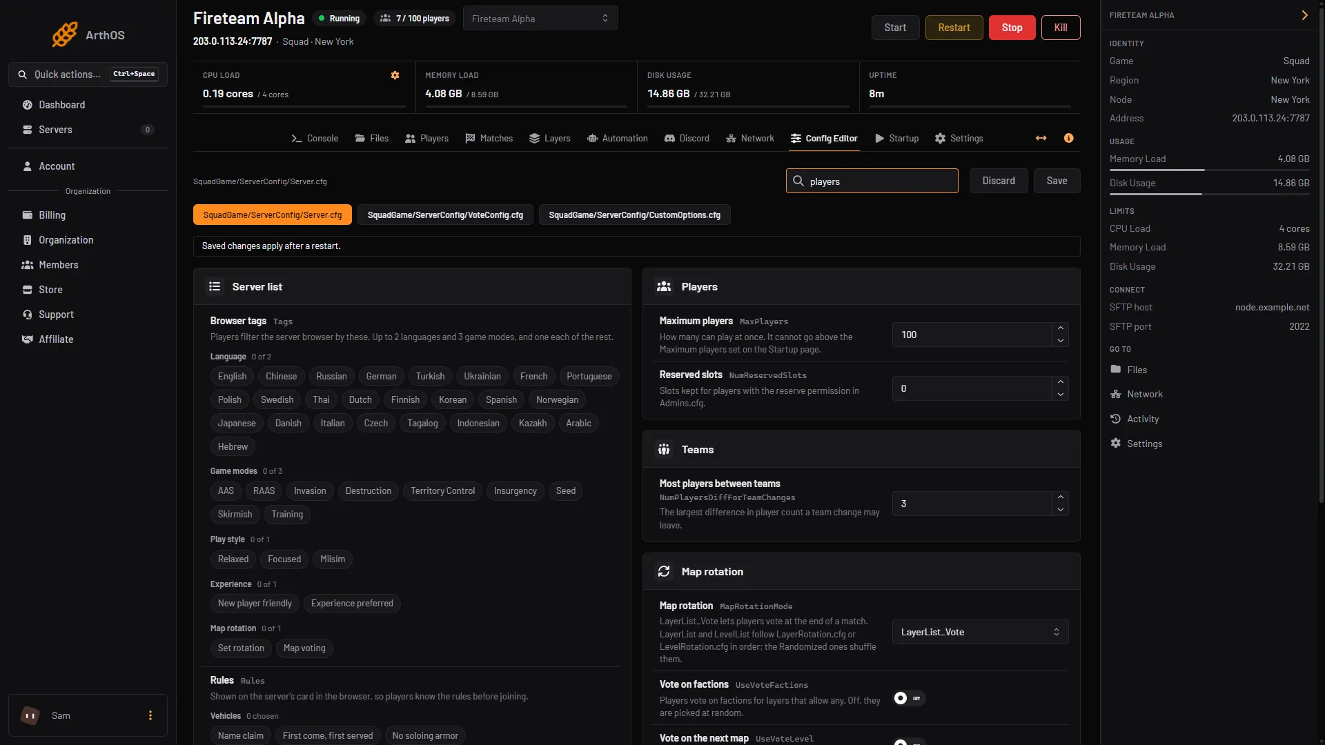 The Config Editor with the Reserved slots row
