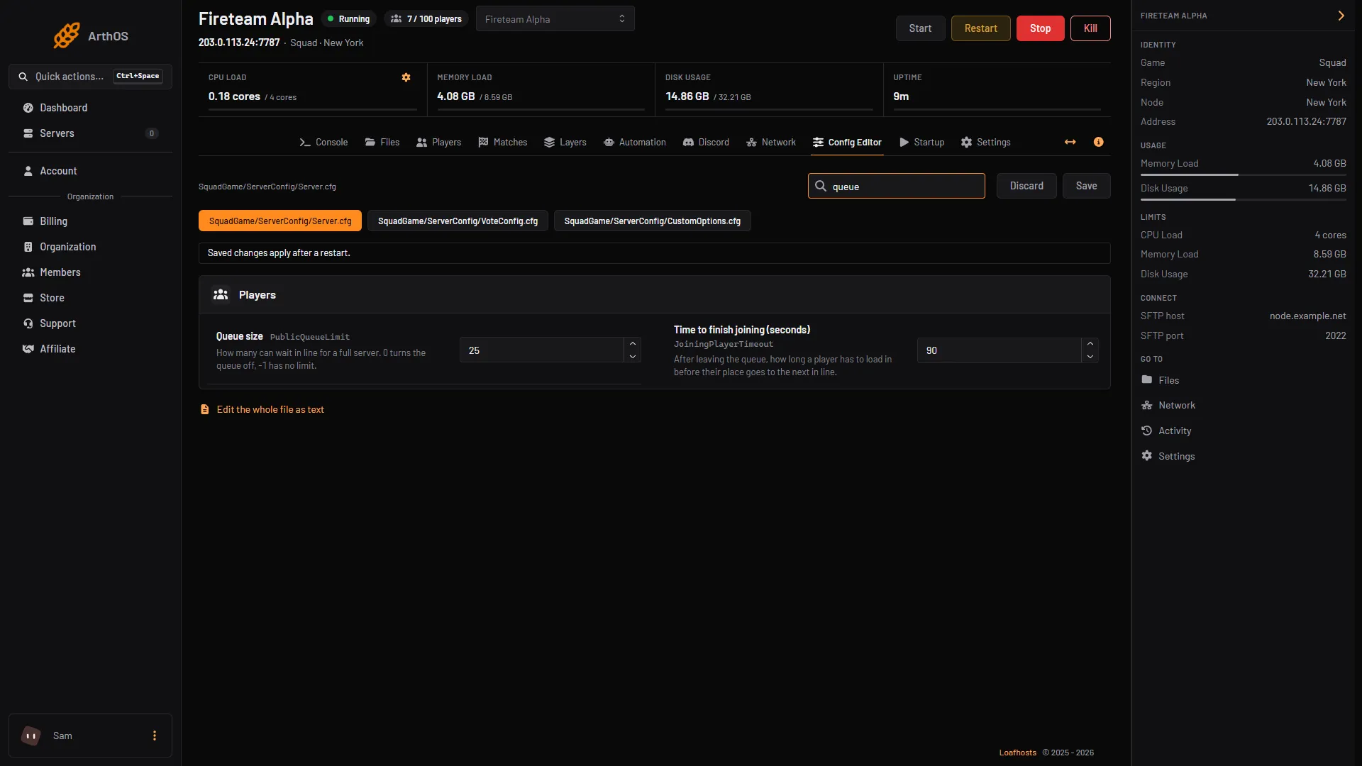 The Config Editor on the Server.cfg tab, searched for queue, showing Queue size and Time to finish joining
