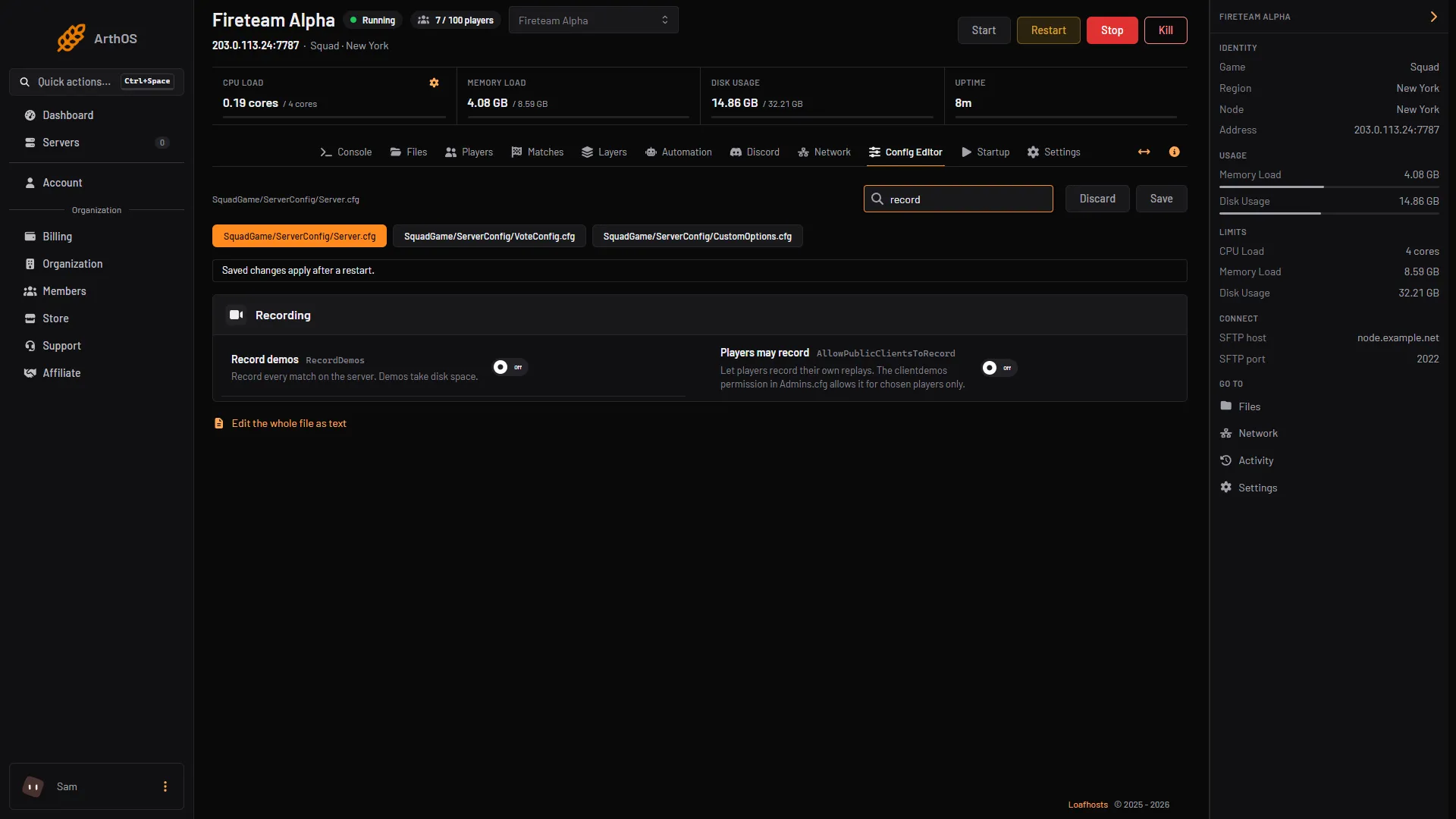 The Config Editor filtered to "record", showing the Record demos and Players may record rows