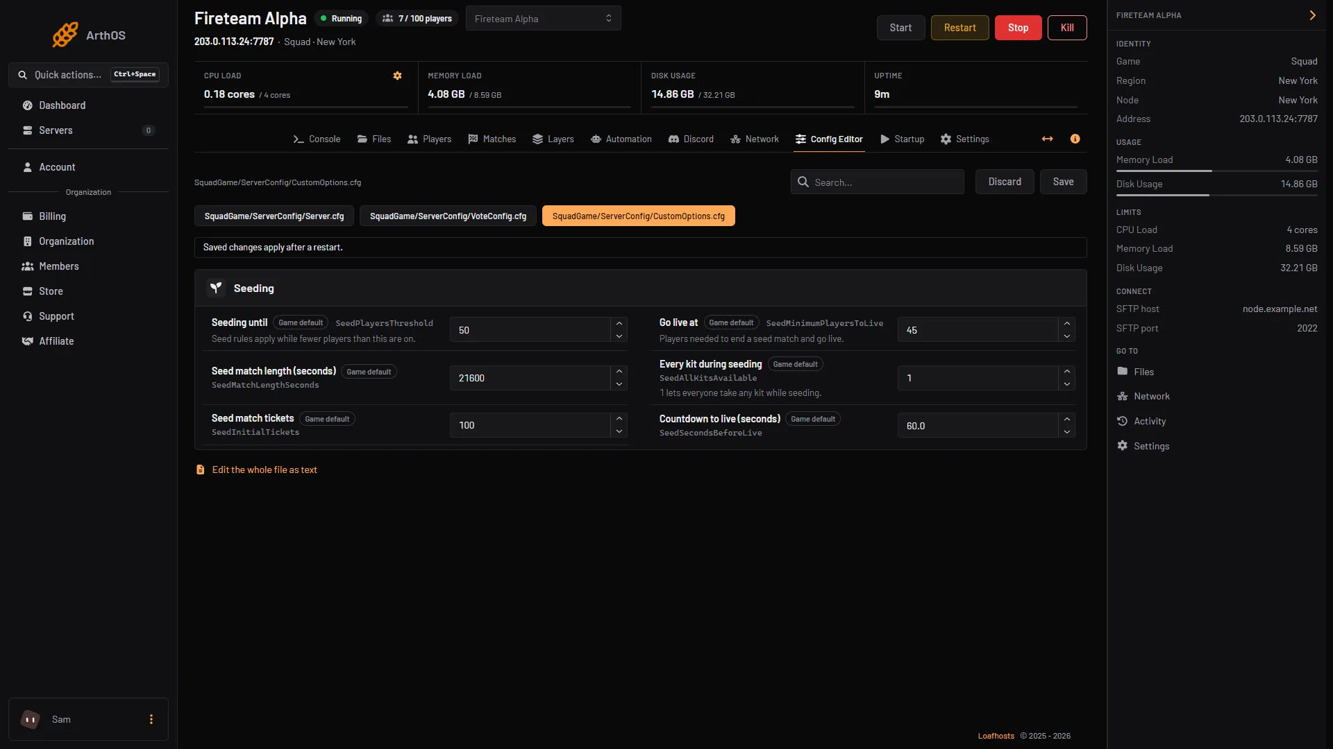 The Config Editor with the CustomOptions.cfg tab open