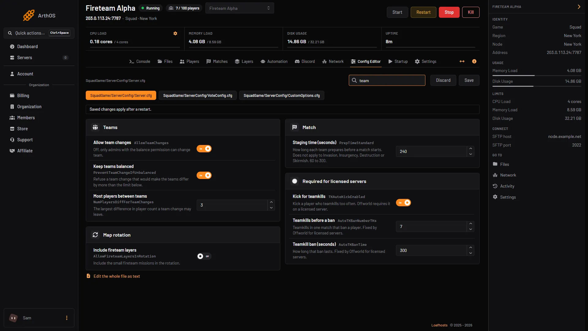 The Config Editor searched for team, showing the three teamkill rows