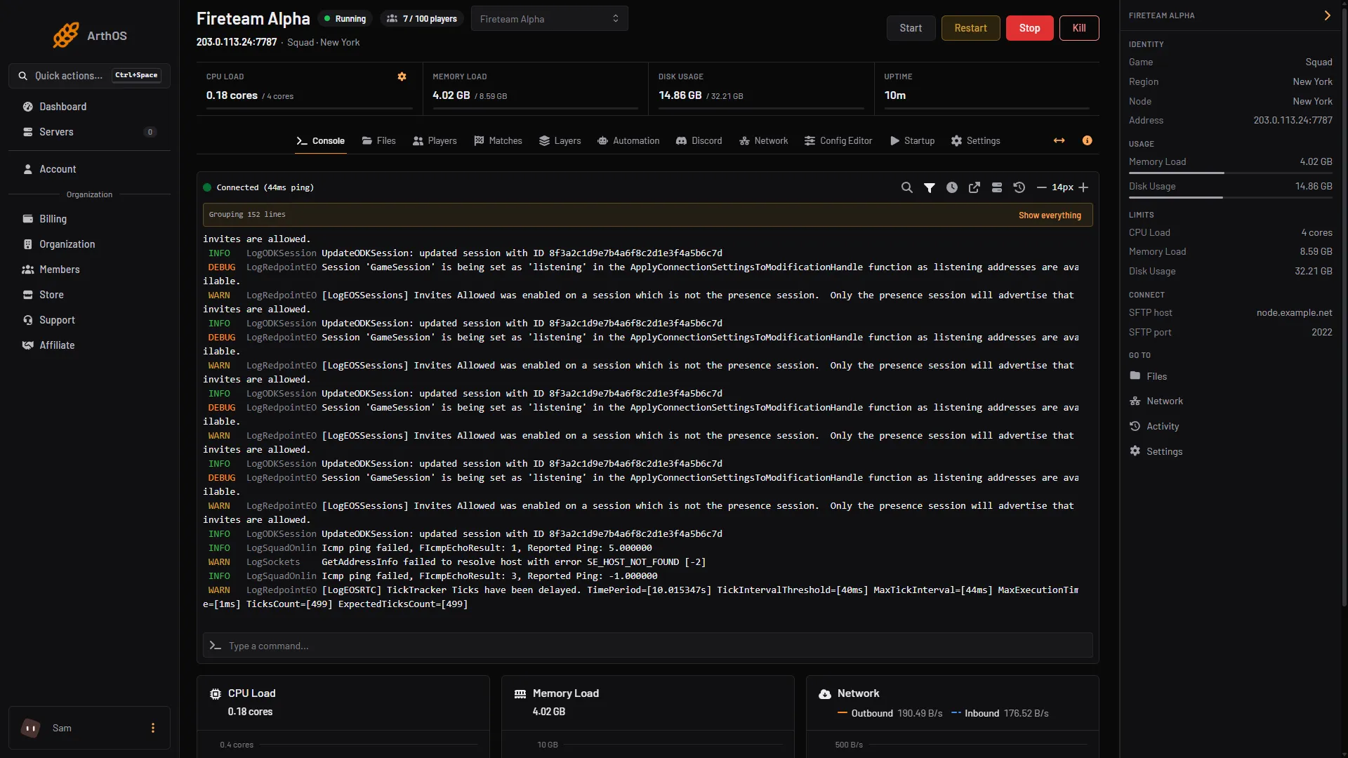 The Console of a running Squad server, with the server address under its name and the Start, Restart, Stop and Kill buttons