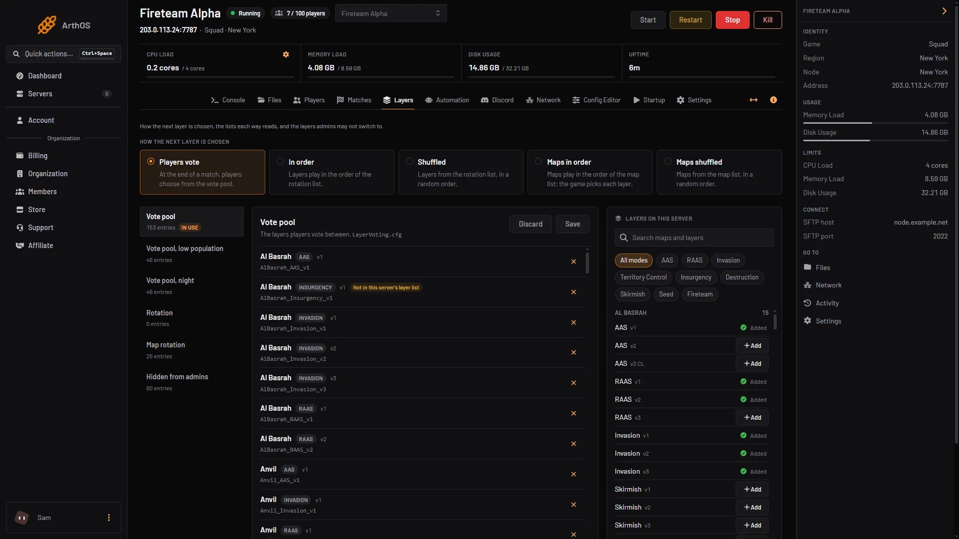 The Layers page with Players vote in use and the lists on the left