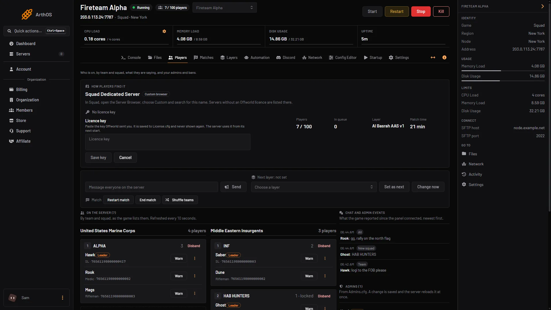 The licence key form on the Players page