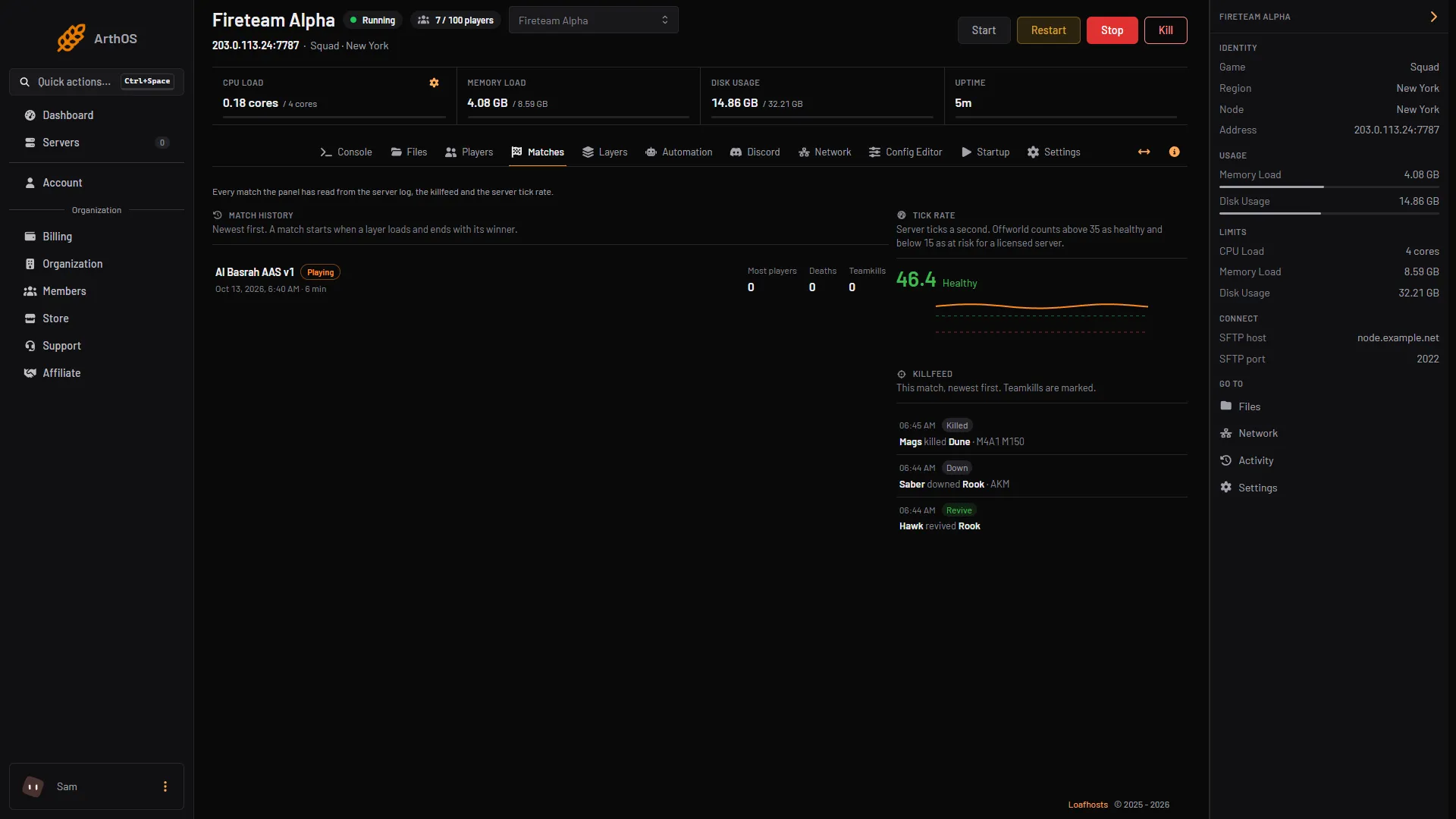The Matches page, with the Tick rate card marked