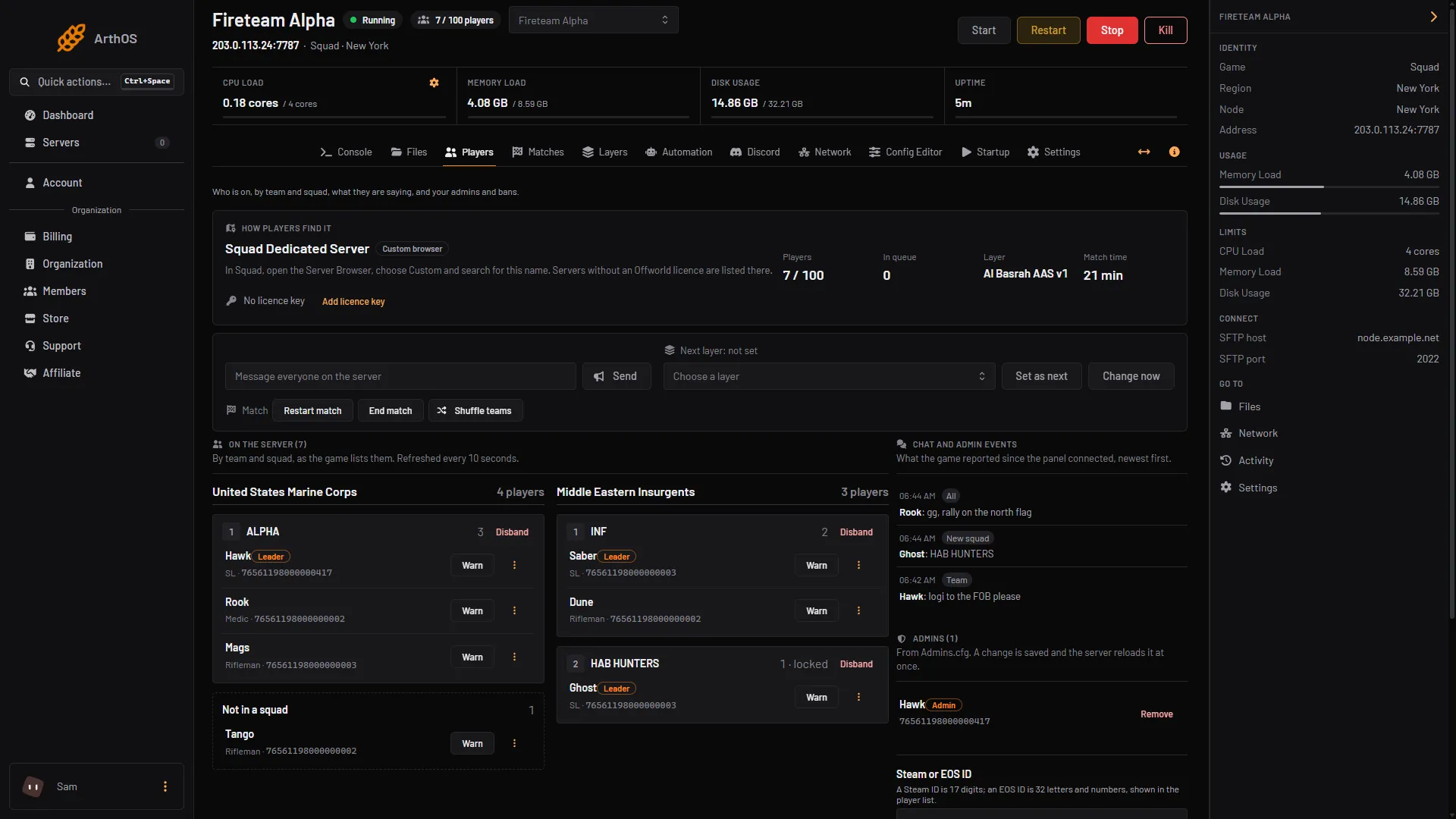 The Players page with the Chat and admin events feed on the right