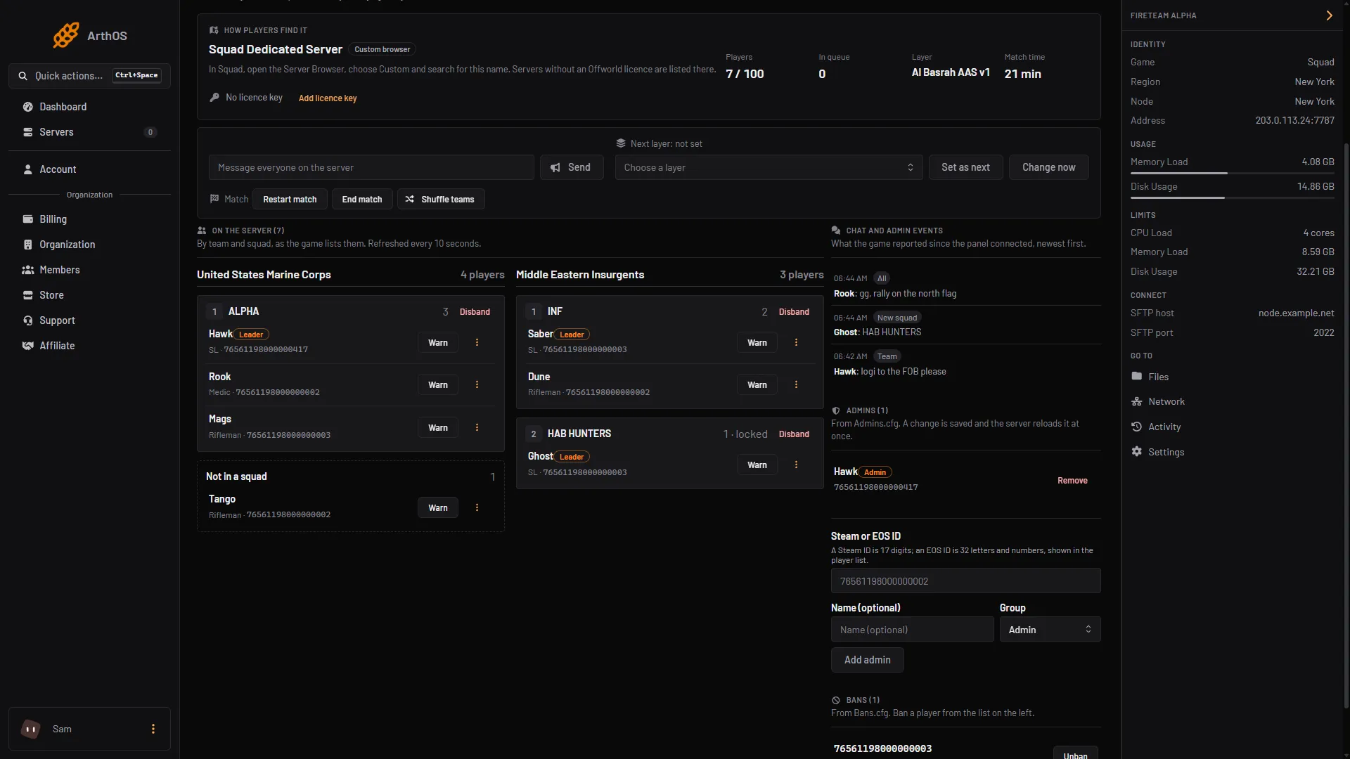 The Admins card on the Players page with the add form