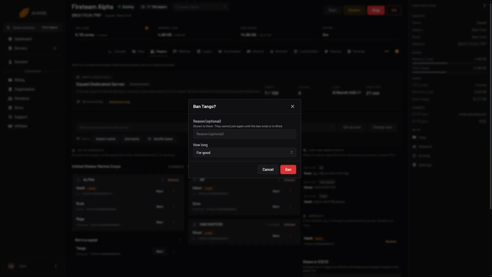 The Ban dialog with a reason, a length and the Ban button