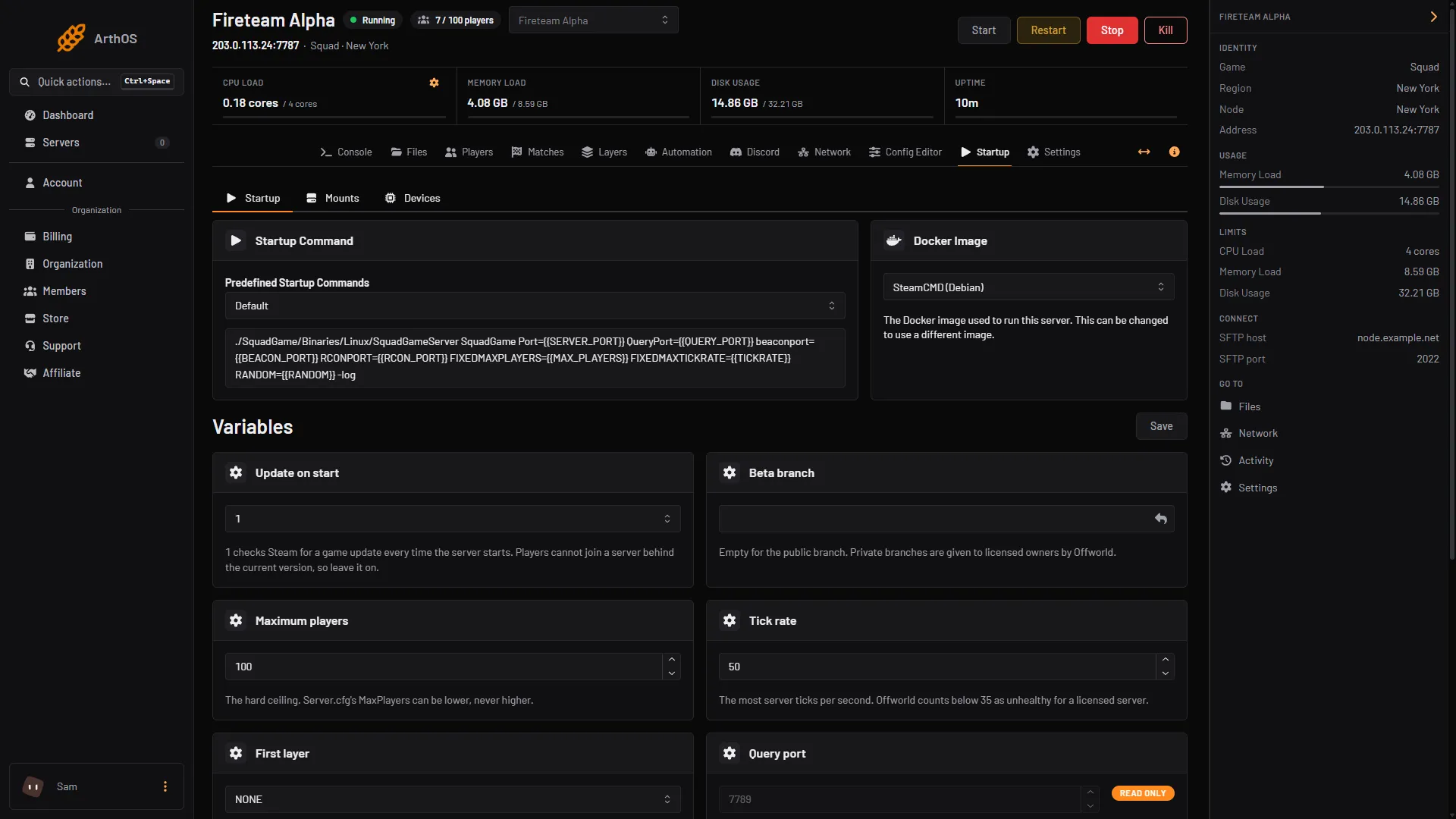 The Startup page, with Update on start marked