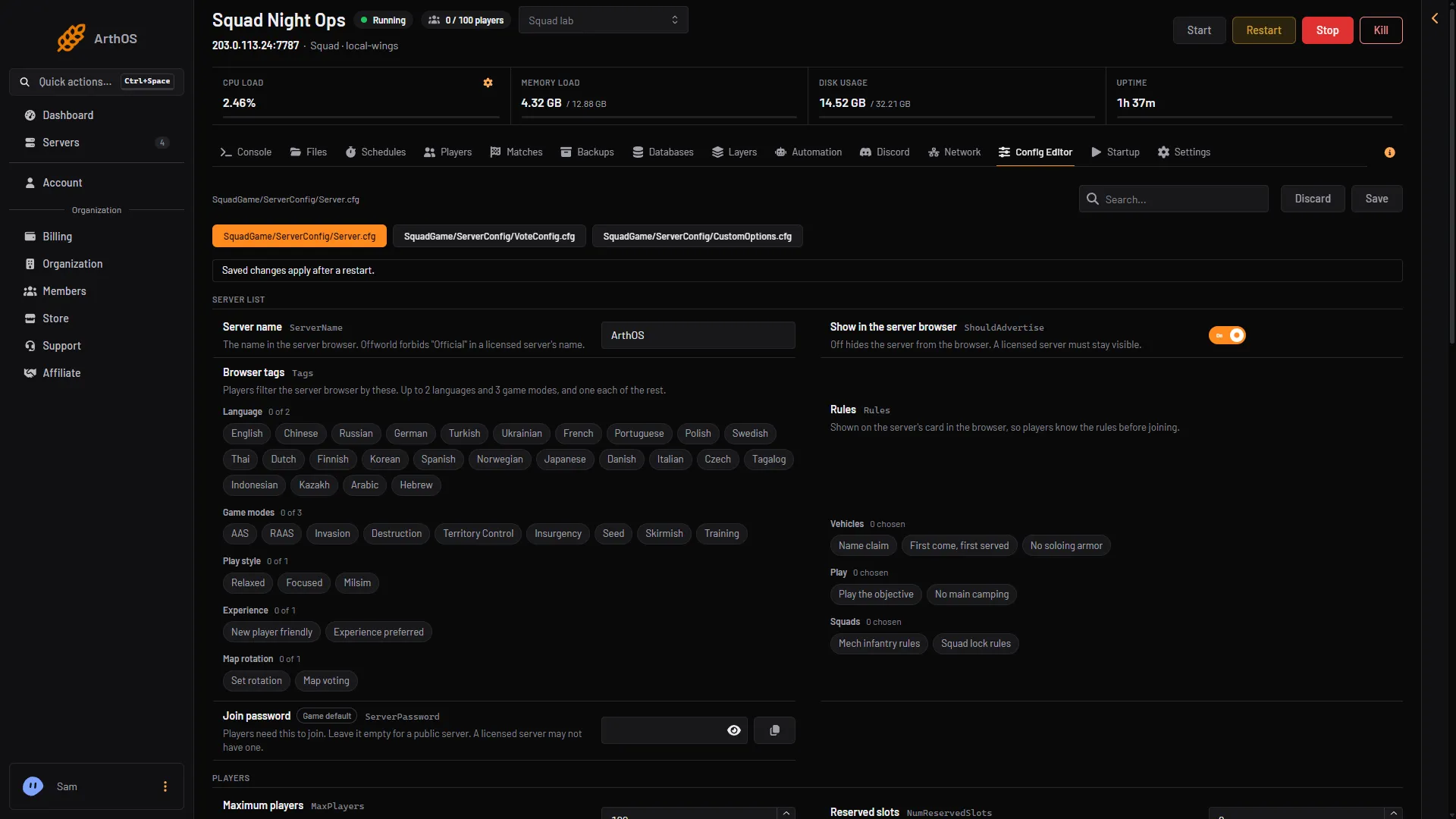 Squad config editor with labelled server settings