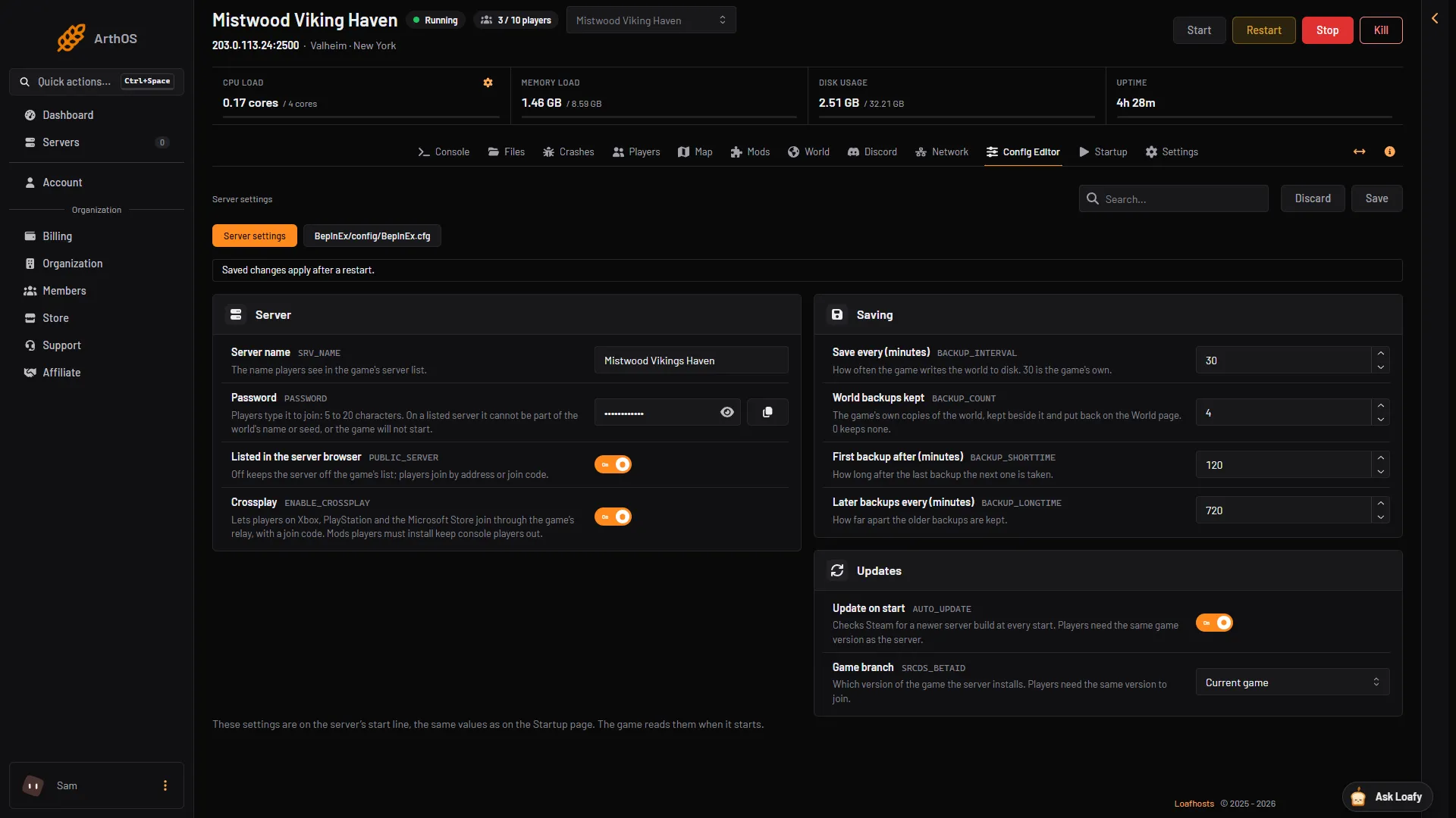 Valheim server settings in ArthOS: name, password, listing, crossplay, saving, backups and updates