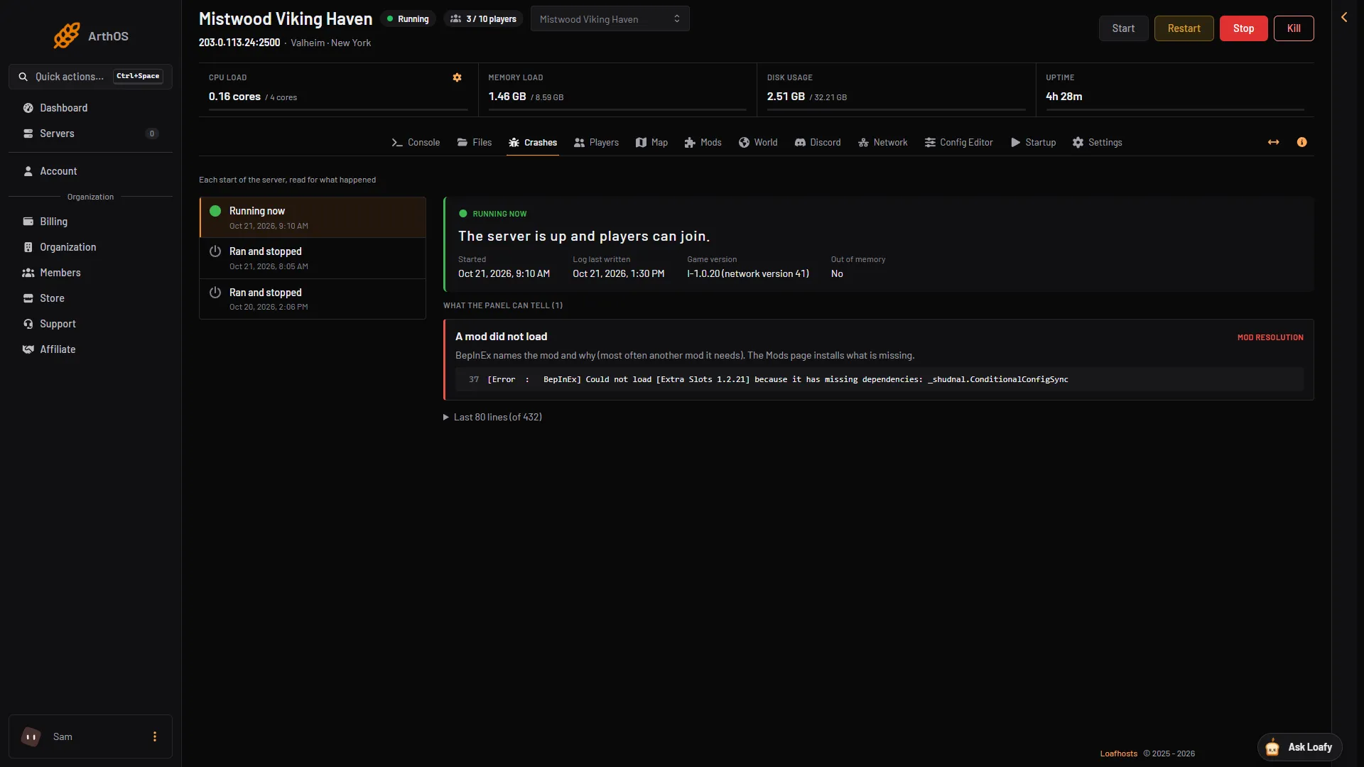 Valheim crashes page: each start of the server, how it ended, and a mod that did not load with its reason