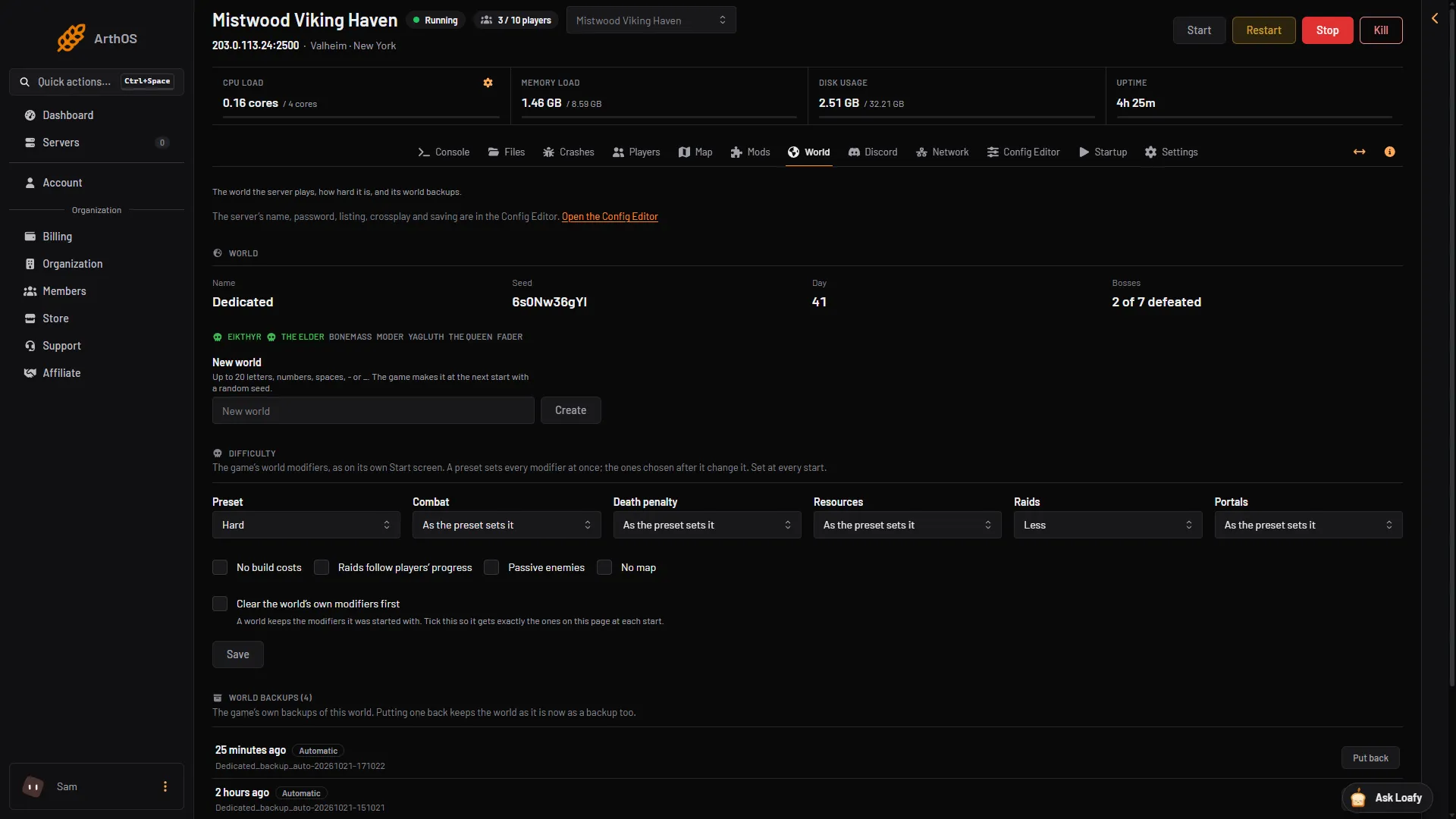 Valheim World page in ArthOS: the world's seed, day and bosses, the difficulty modifiers, and the world backups