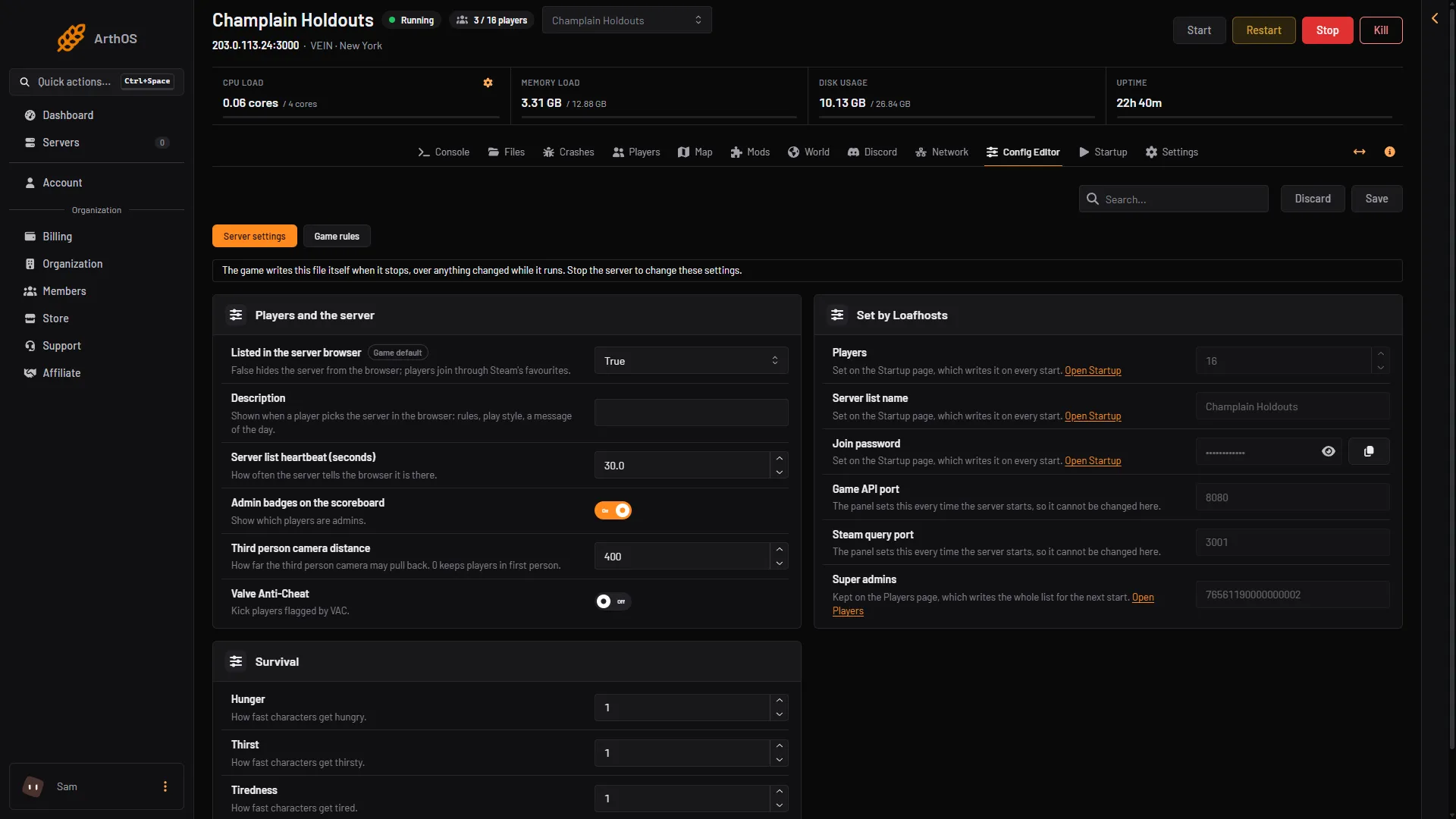 The Server settings tab of the Config Editor with the empty Description field