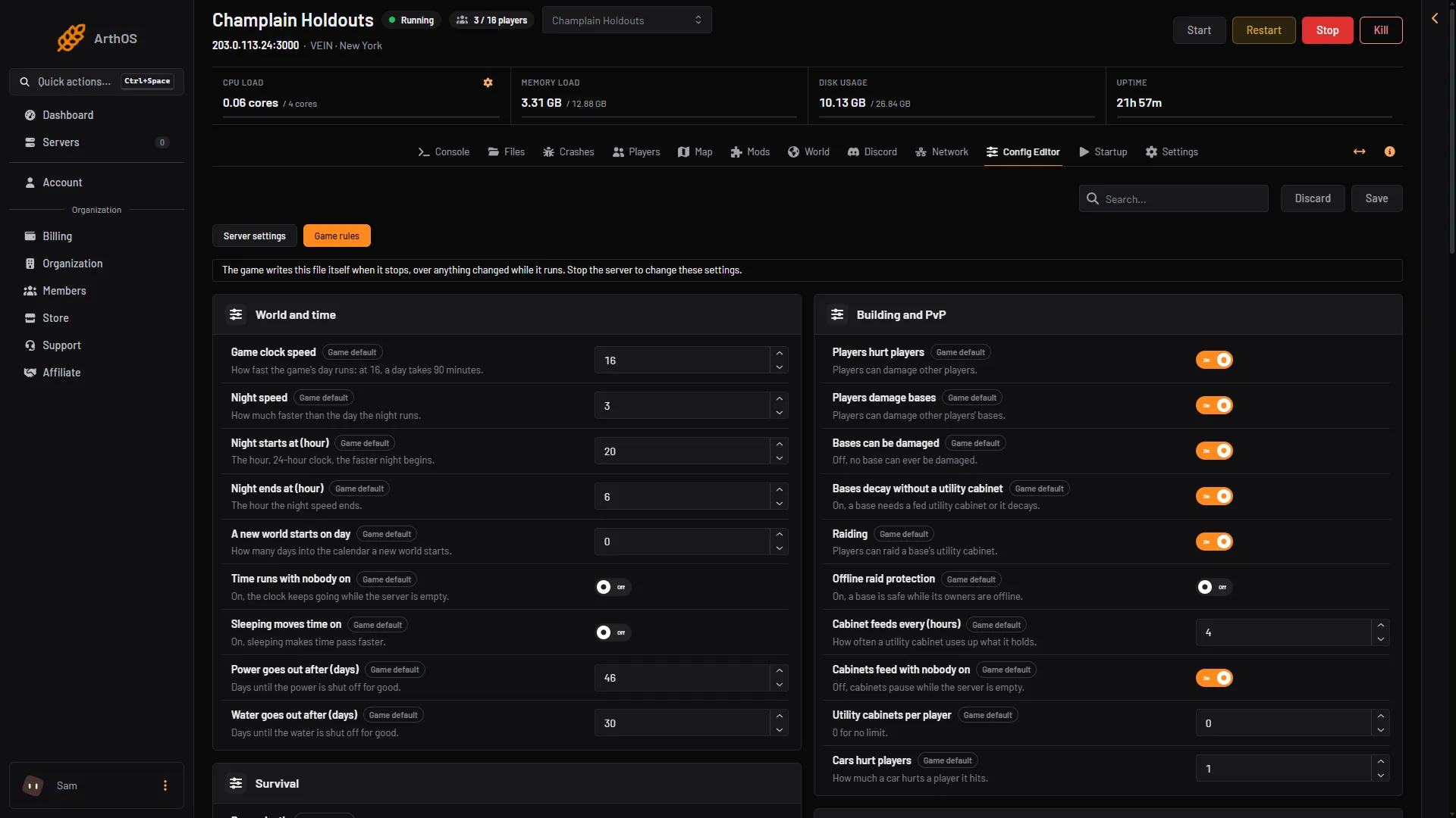 Game rules with World and time on the left and Building and PvP on the right