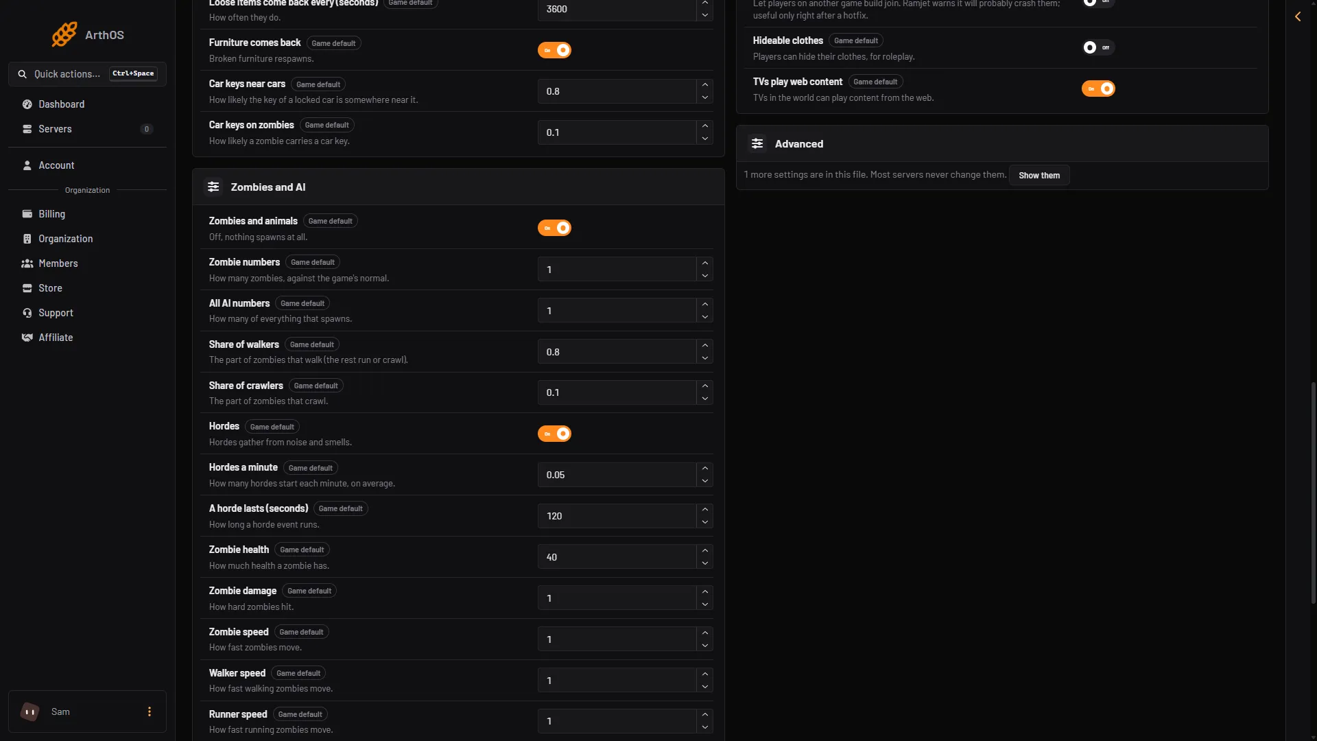 Config Editor, Game rules, Zombies and AI group with Zombies and animals, Zombie numbers and Hordes