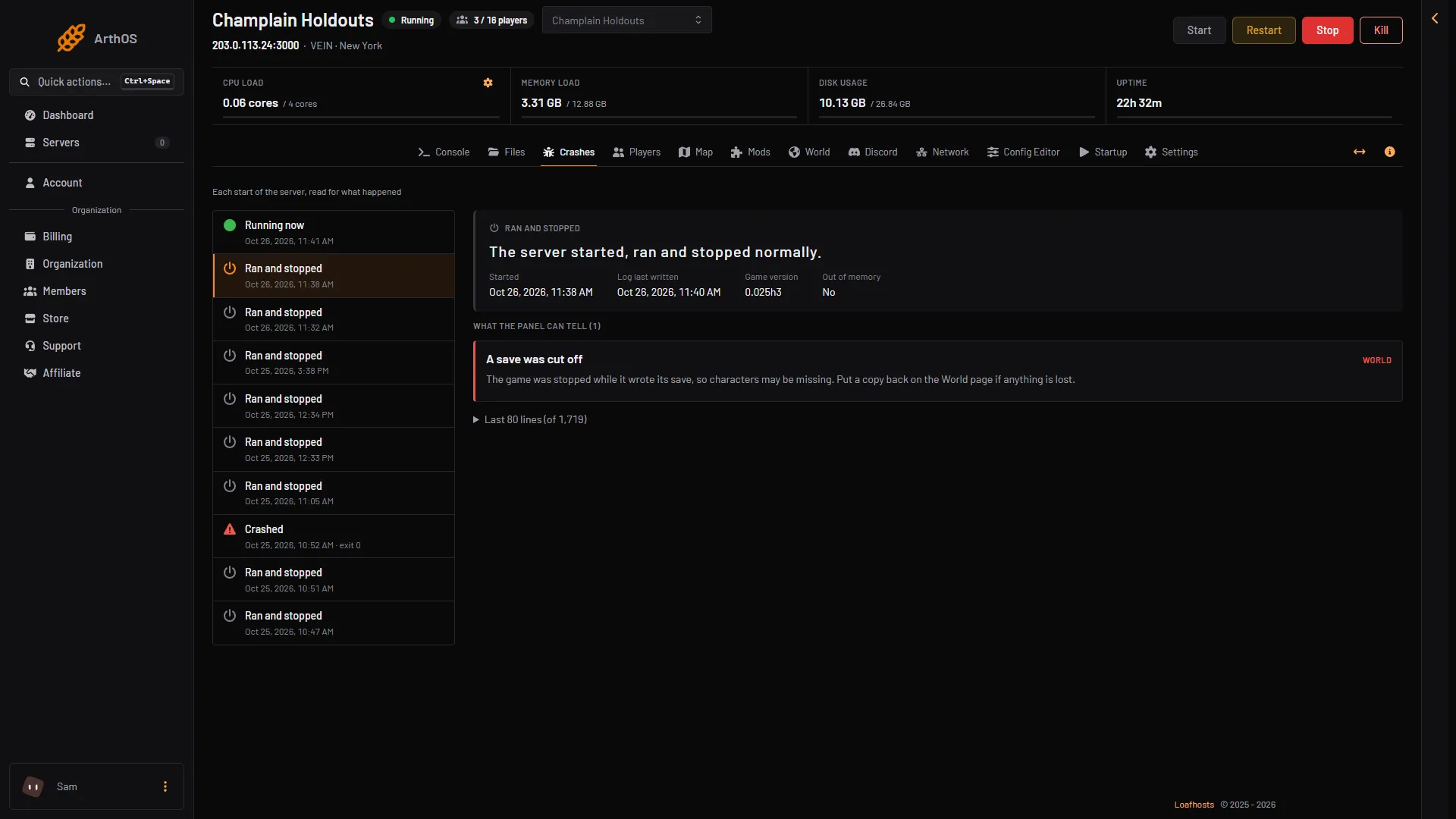 The Crashes page with a start open and a finding under What the panel can tell