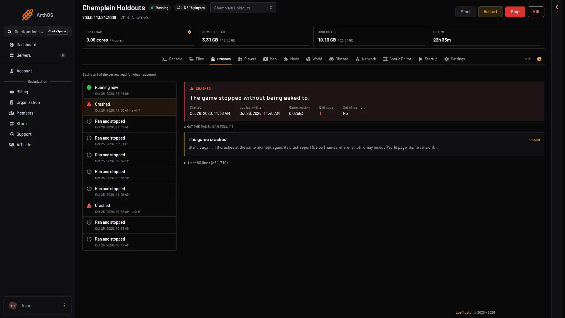Crashes page with a start open and the finding The game crashed under What the panel can tell
