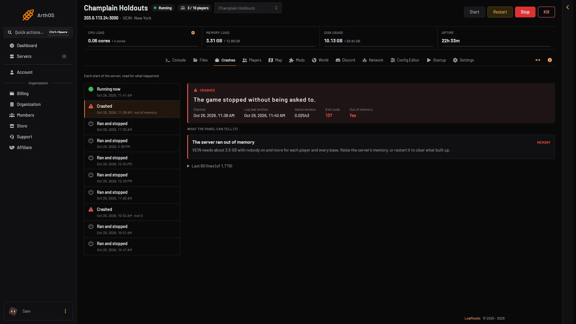 The Crashes page with a crashed start open, showing Out of memory Yes and the finding The server ran out of memory