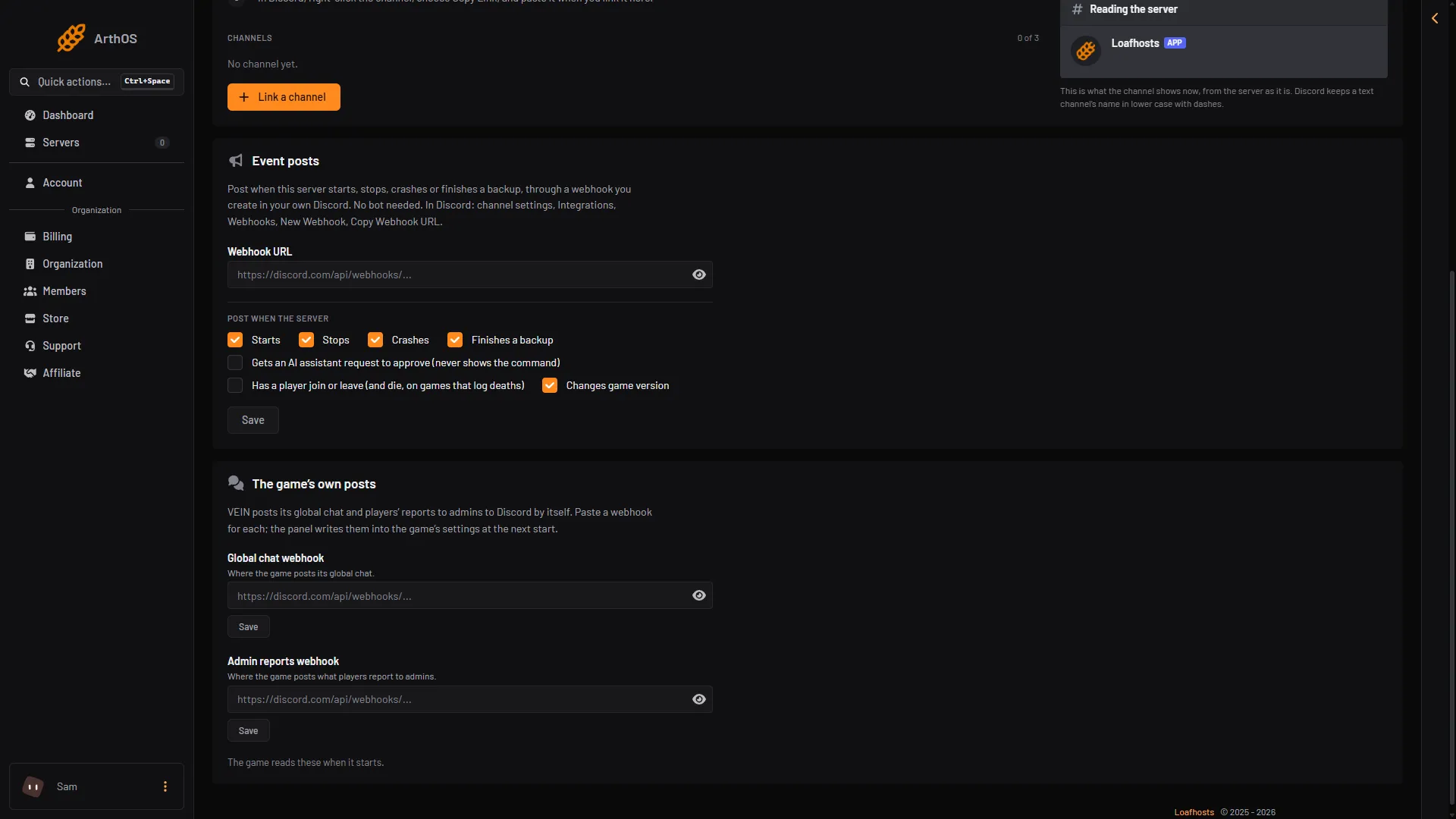 The Event posts card with a webhook field and the events to post, above the game's own posts