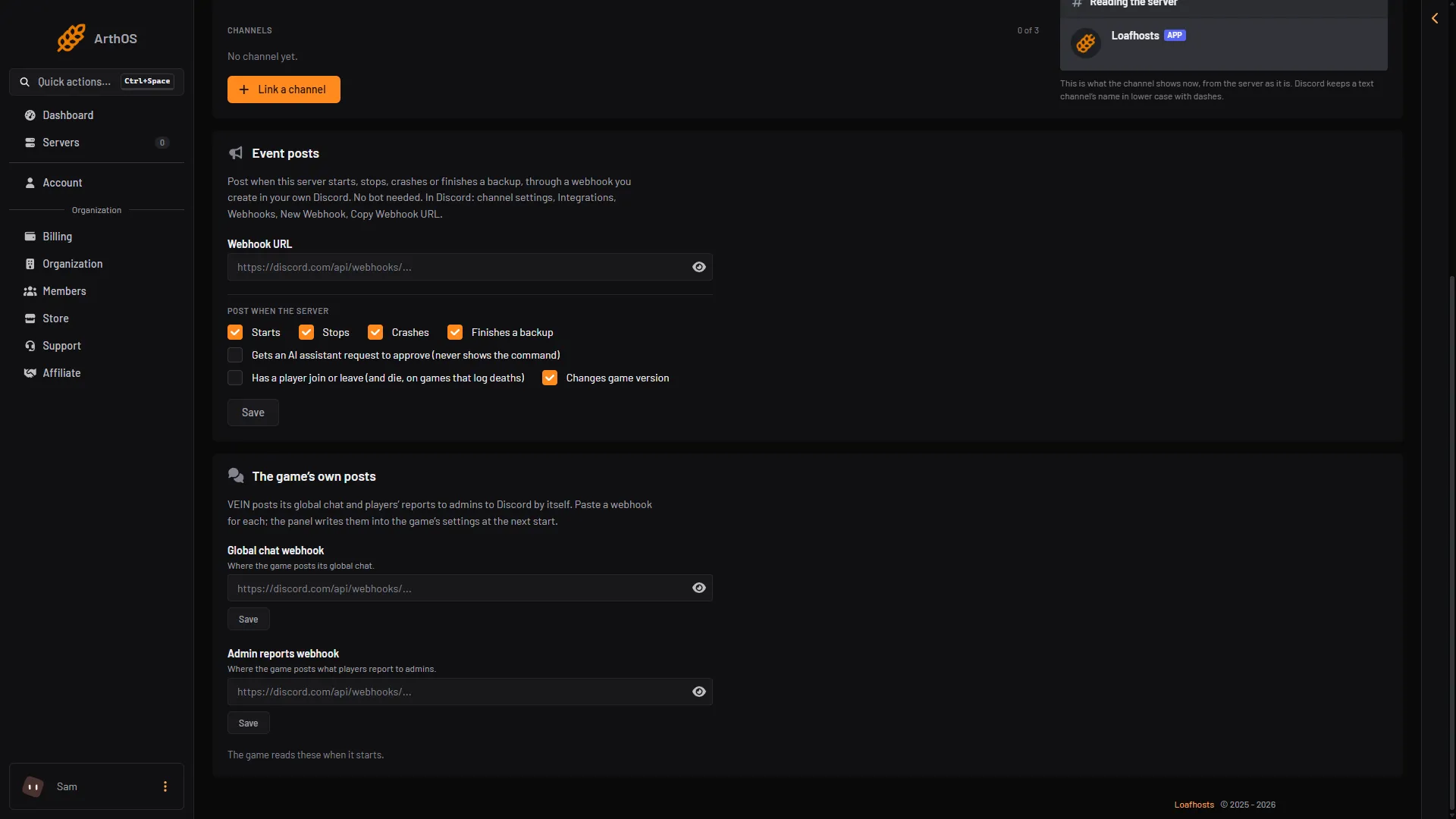 The Discord page card The game's own posts with the Global chat webhook field and its Save button
