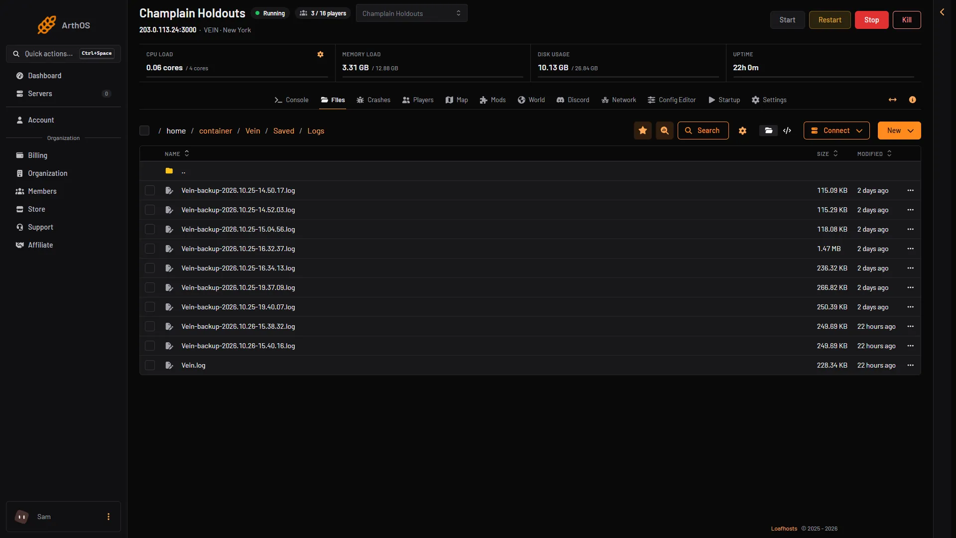 The Files page at Vein/Saved/Logs listing Vein.log and the older Vein-backup files