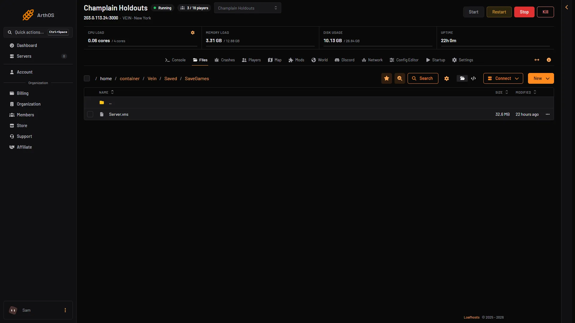 Files page in Vein/Saved/SaveGames with the one save, Server.vns, ready to rename