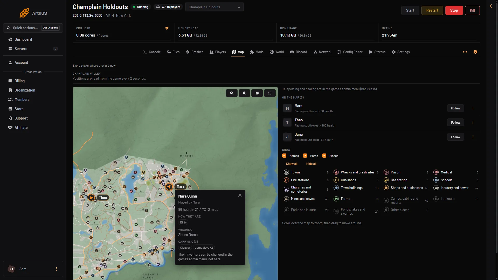 The Map page with three players on the game's map, the On the map list and the Show boxes