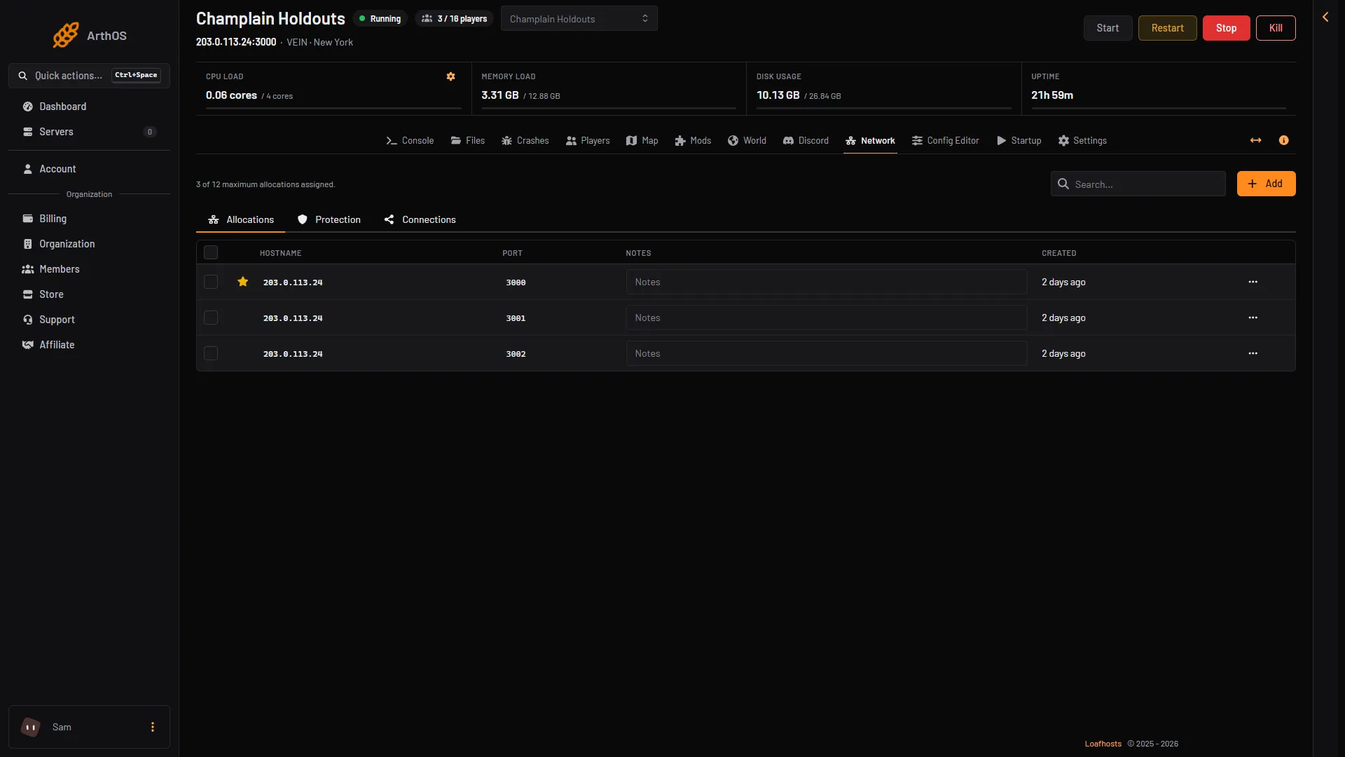 The Network page with three ports on one address: the game port, the Steam query port and the panel gate port