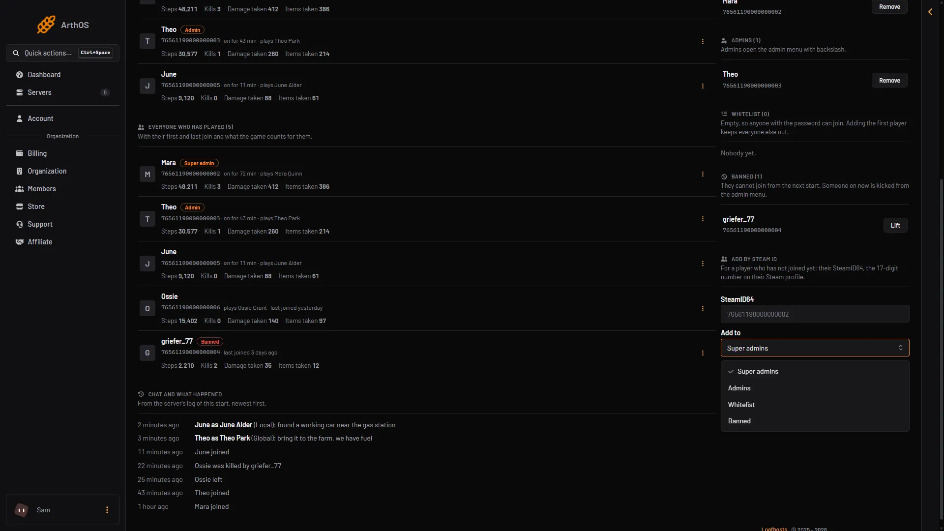 The Add by Steam id card with a SteamID64 typed in and the Add to list open