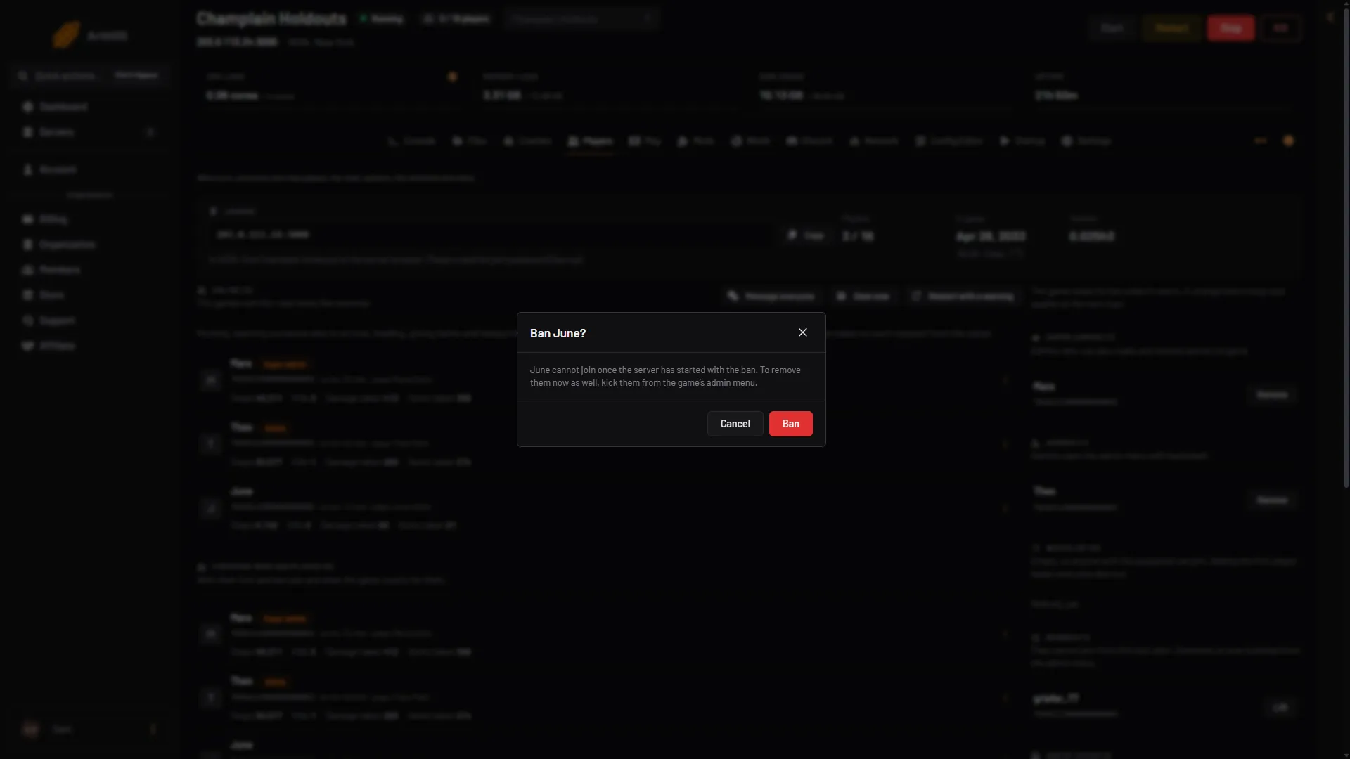 The Ban box on the Players page, saying the player cannot join from the next start