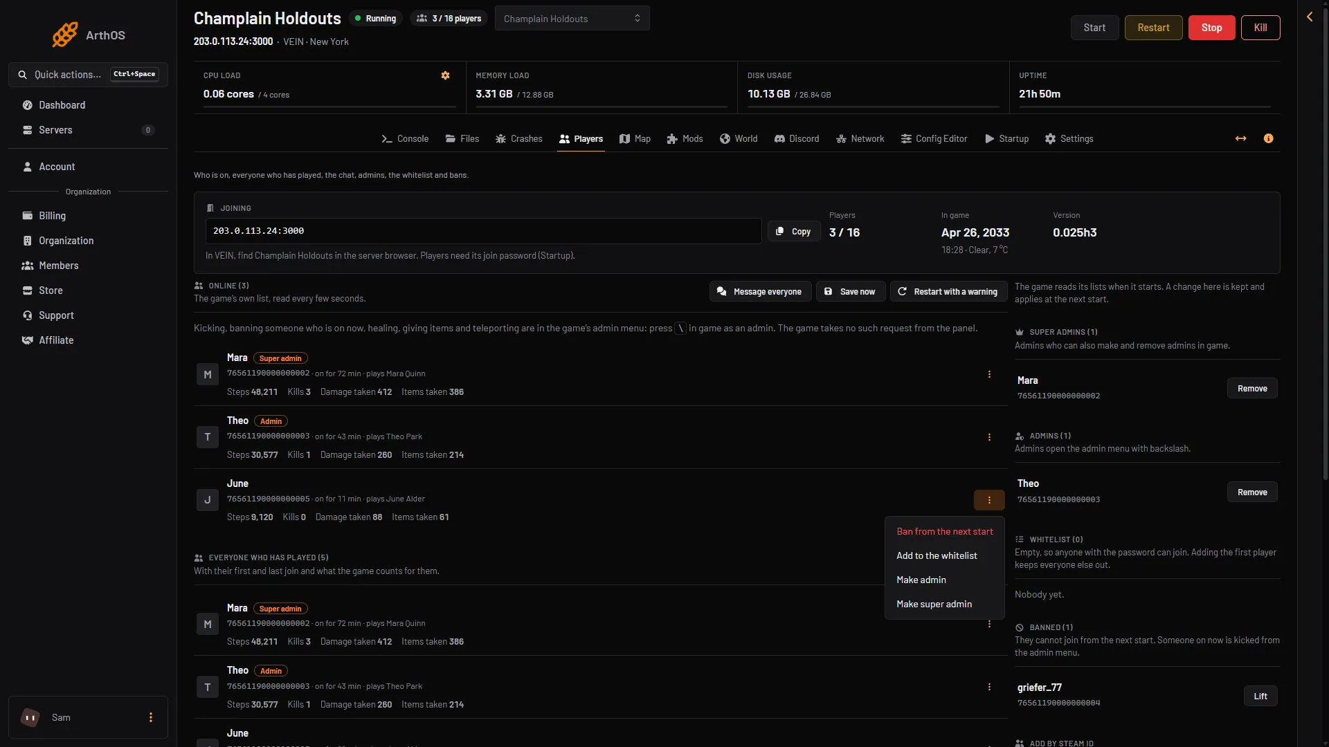A player's row menu on the Players page with Make super admin and Make admin