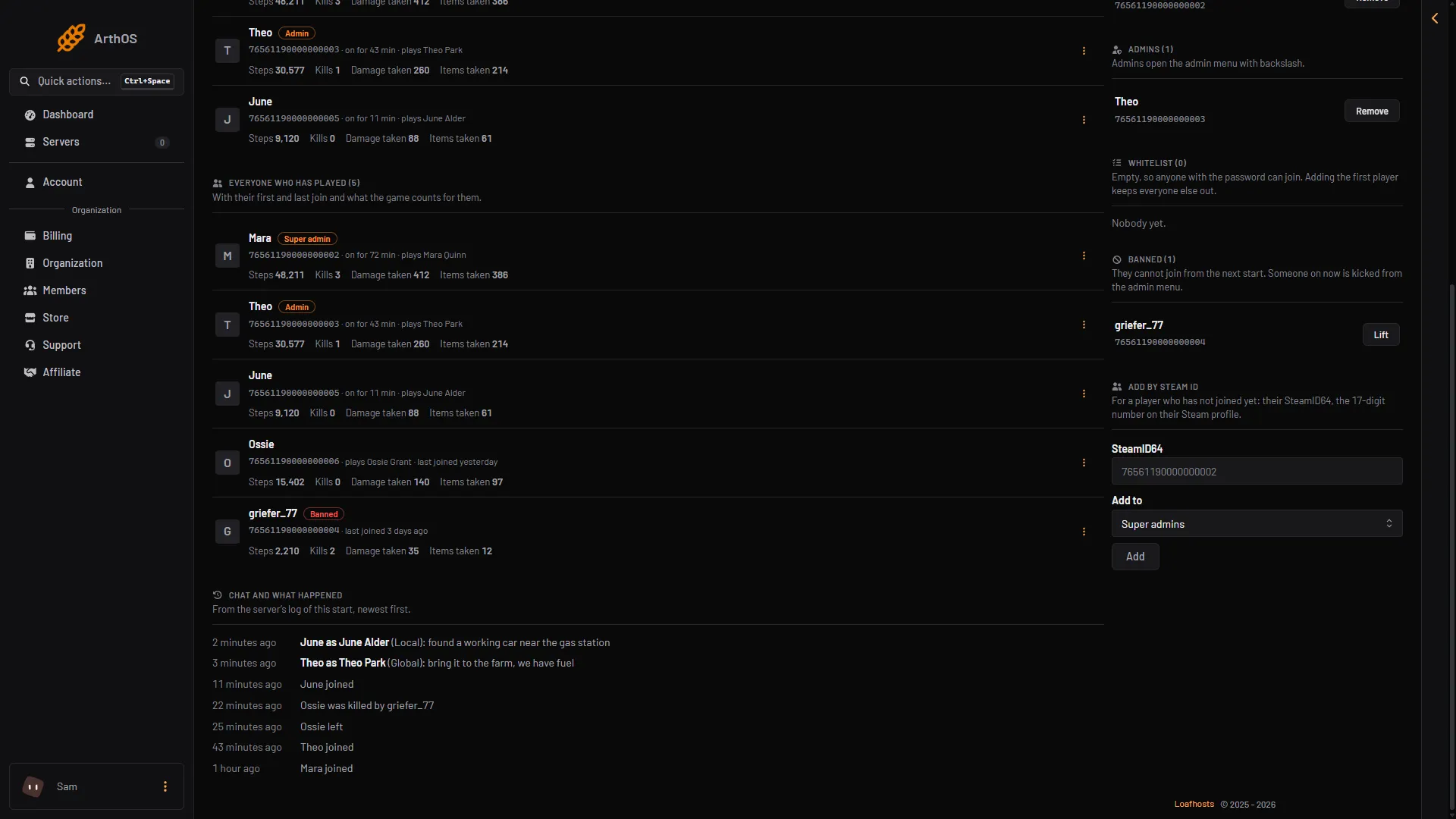 Everyone who has played, with Steps, Kills, Damage taken and Items taken under each player's name