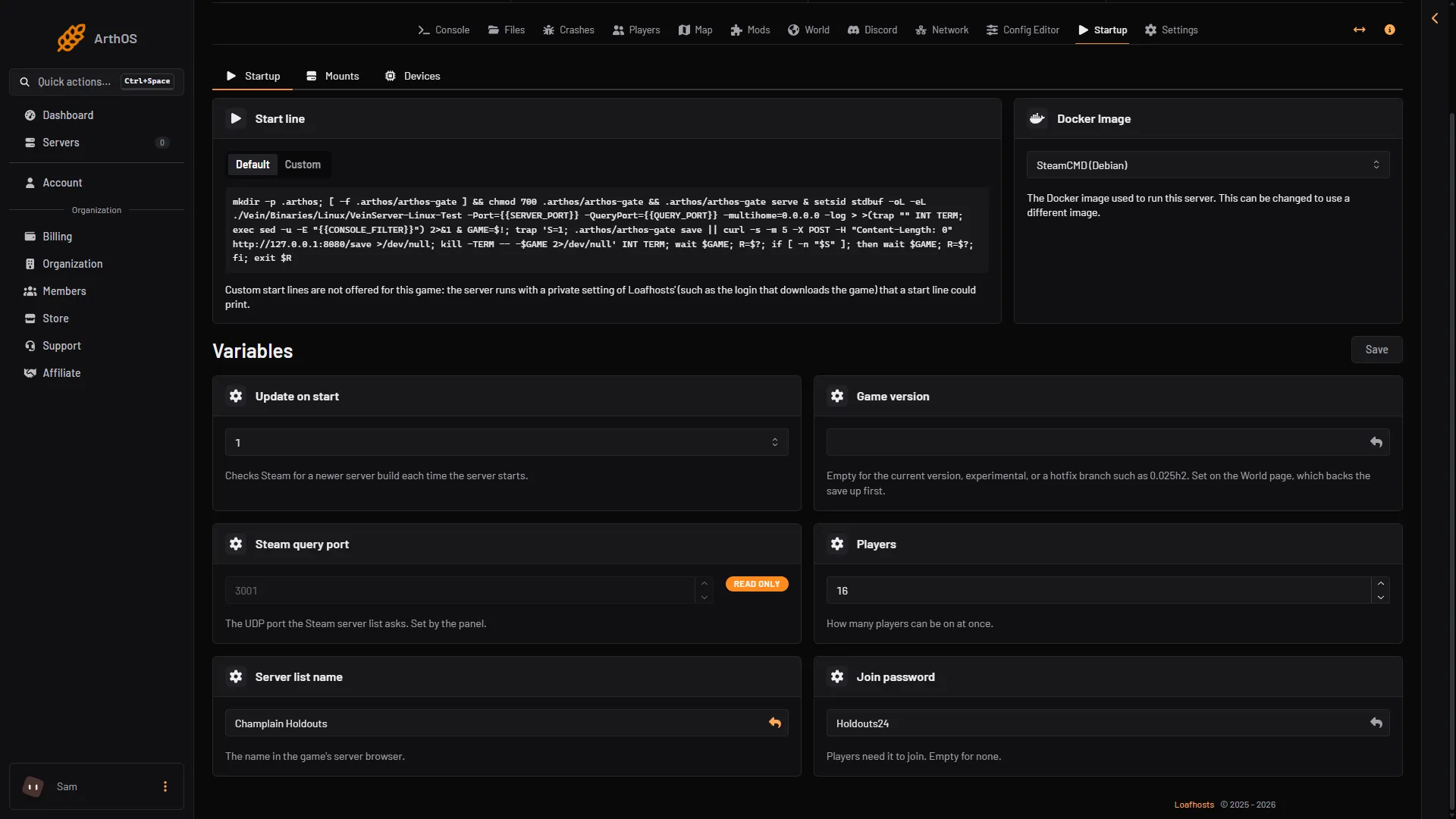 Startup page variables with Server list name and Join password at the bottom