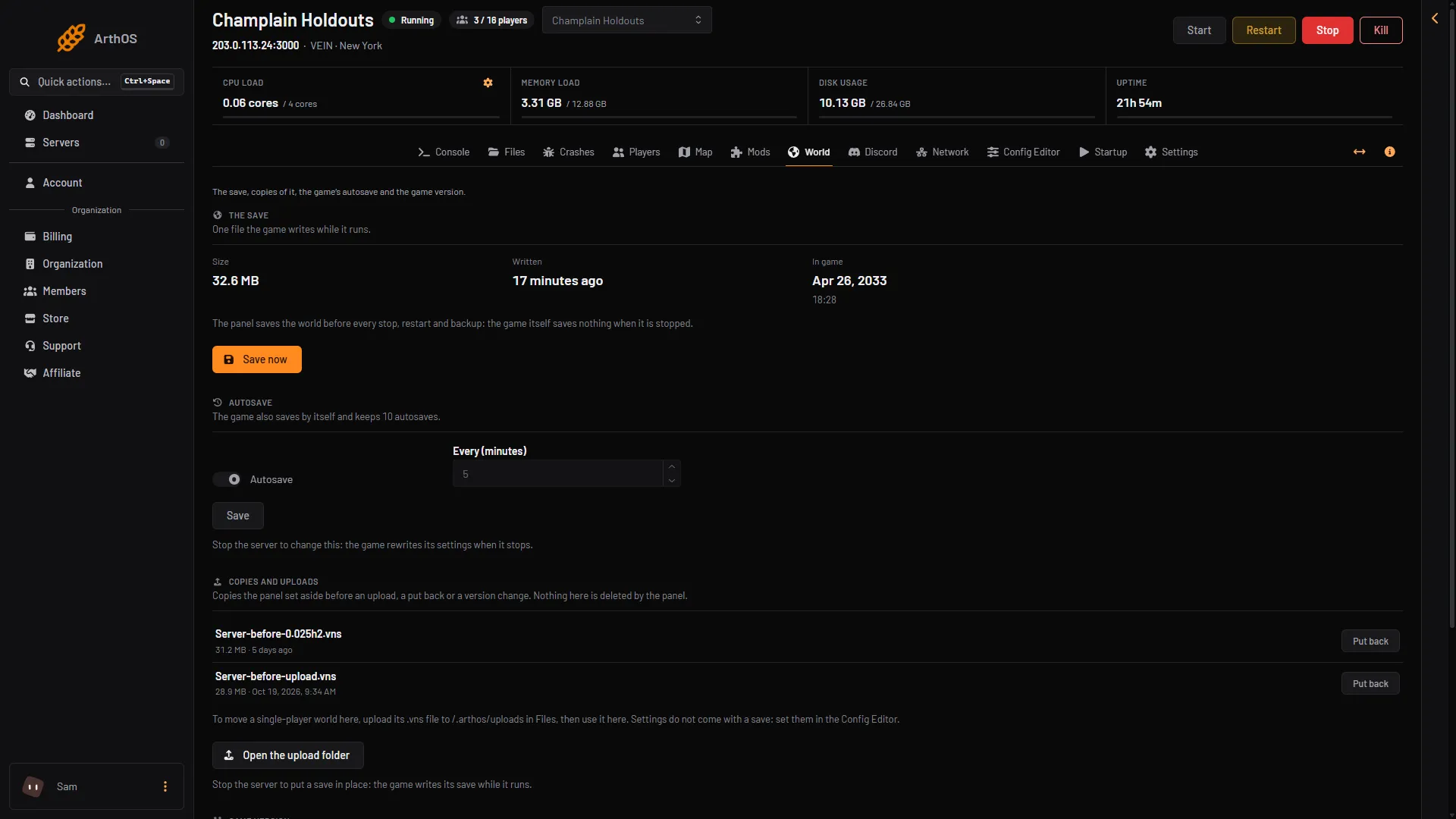 World page with The save, Autosave and the copies the panel made and kept