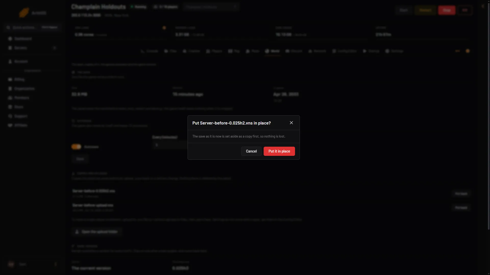 The box asking to put a copy in place, saying the save as it is now is kept as a copy first