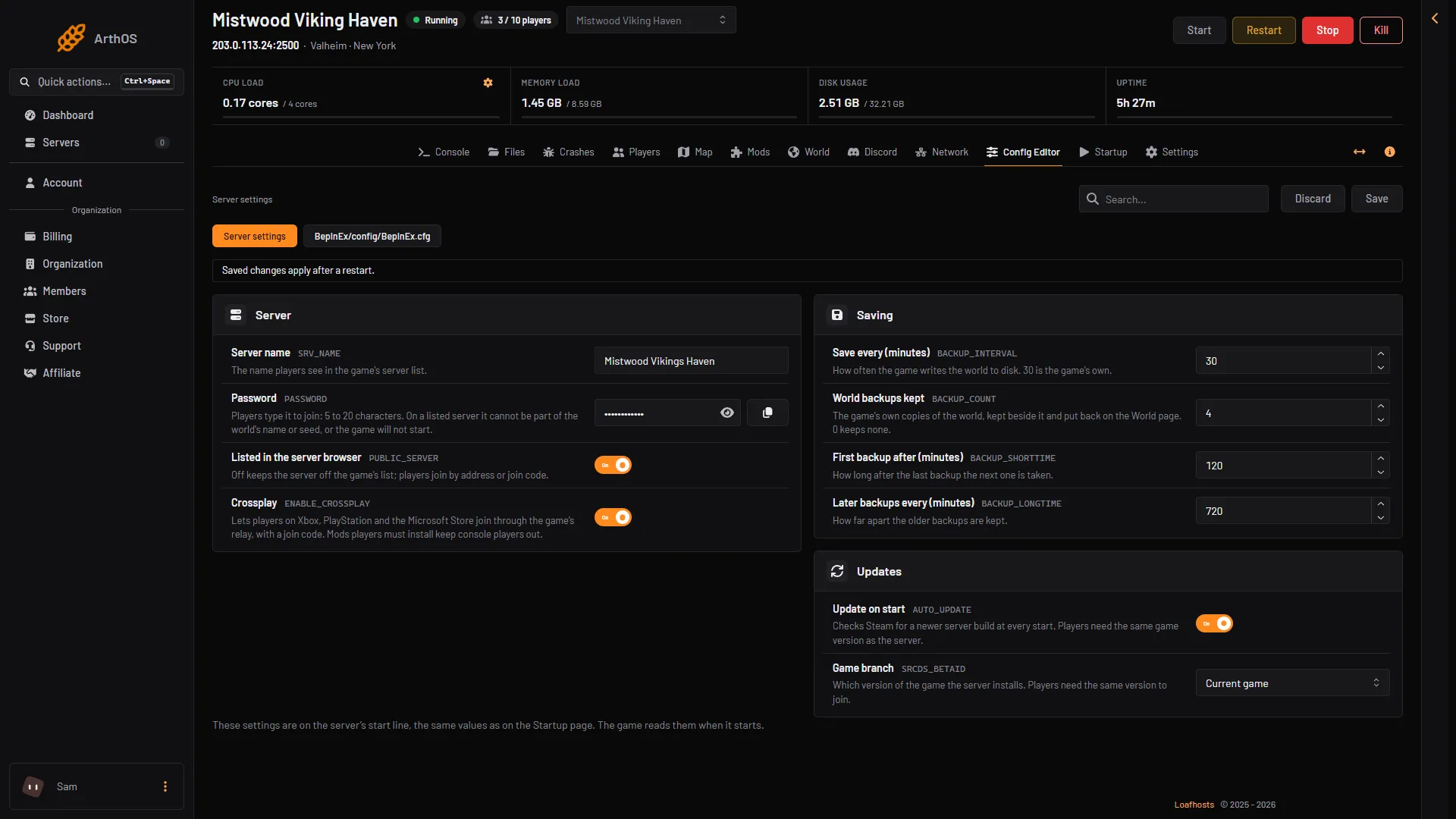 The Config Editor with the Saving group rows