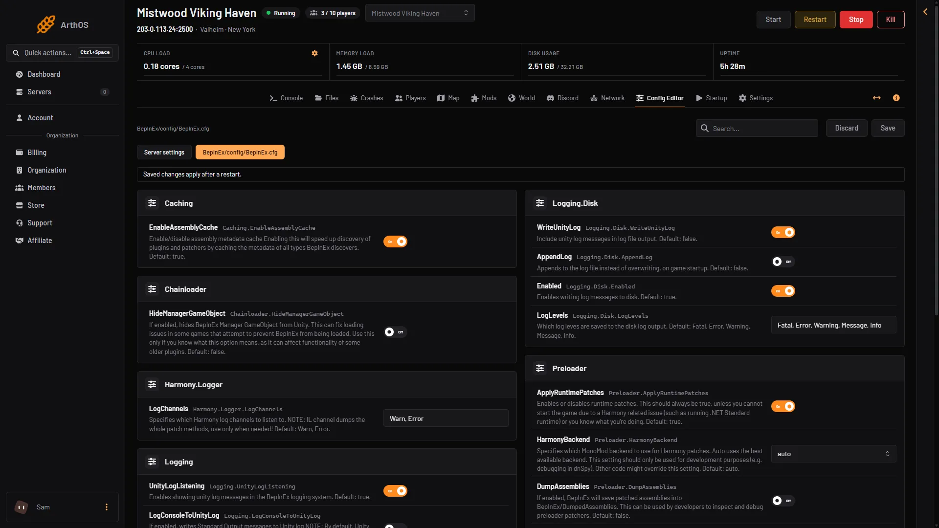 The Config Editor with a mod settings file open, here the BepInEx file as an example