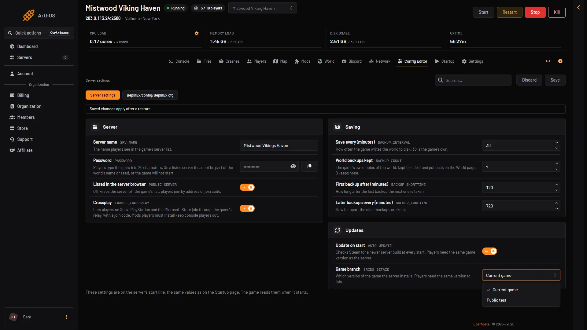 The Game branch list in the Config Editor with Current game and Public test