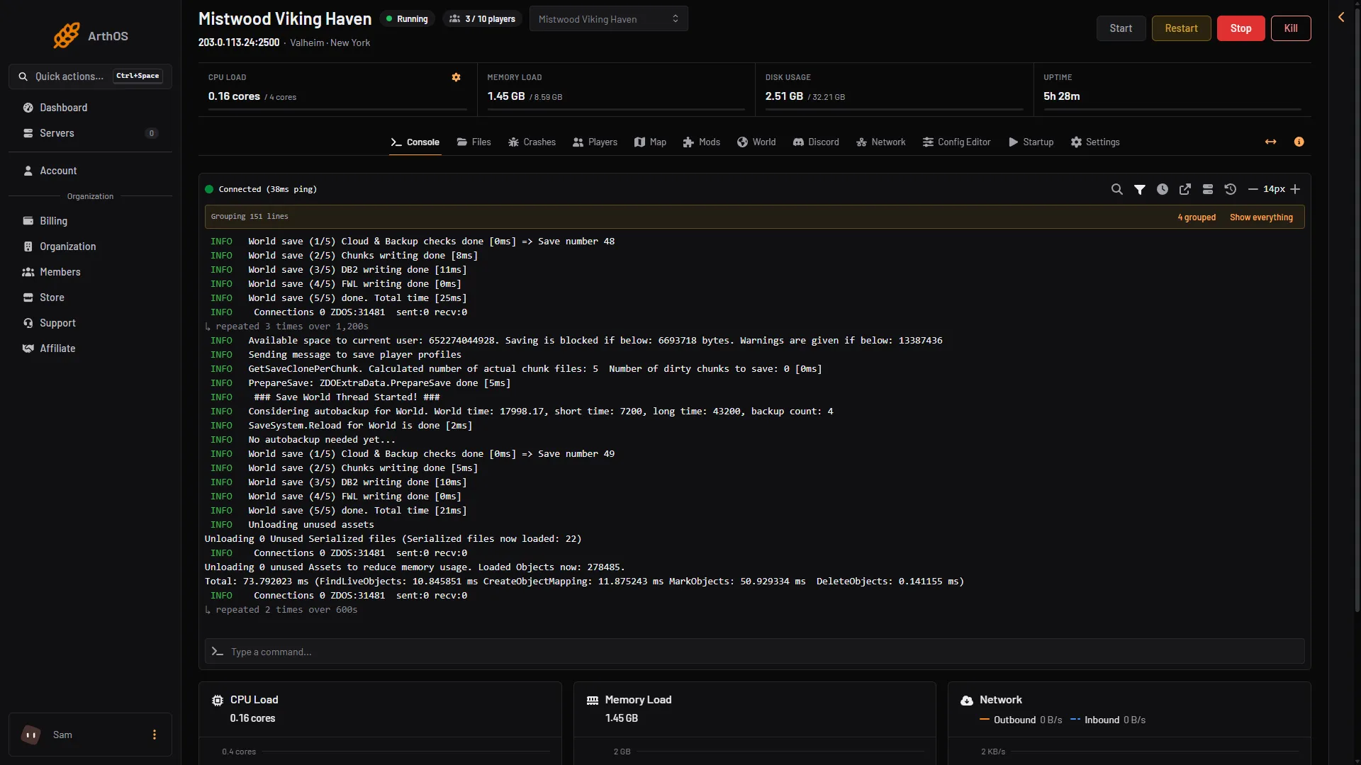 The Console page showing the game log with level tags and Restart at the top