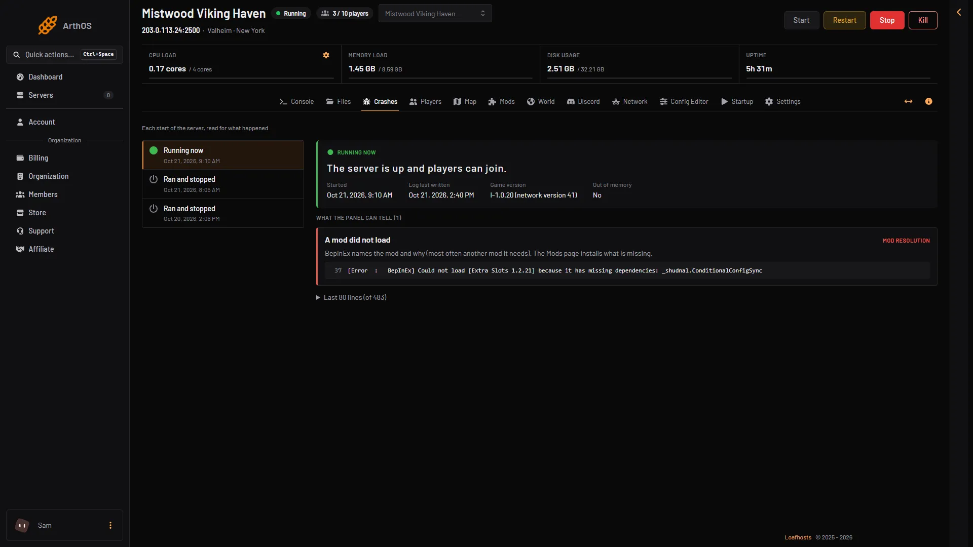 The Crashes page with the newest start open and its game version shown