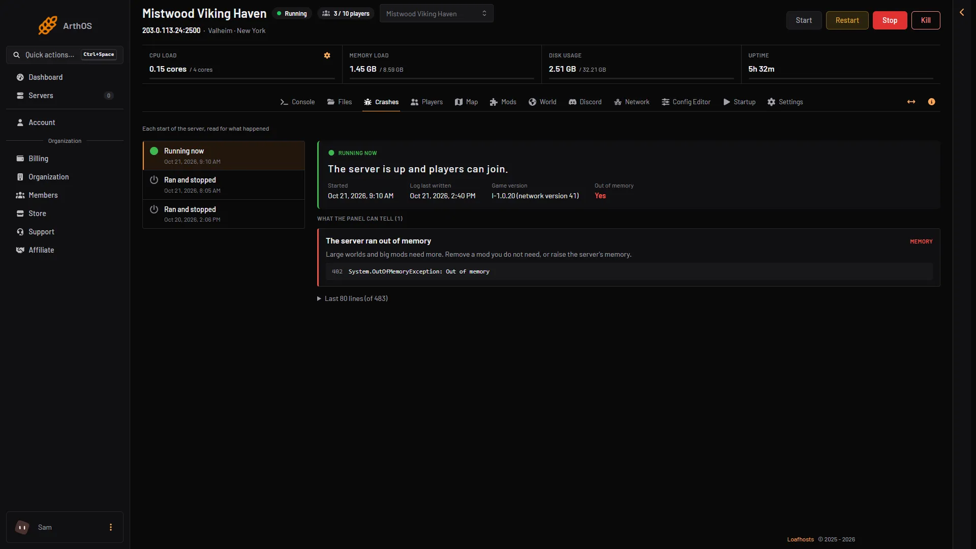 A start on the Crashes page with the finding The server ran out of memory