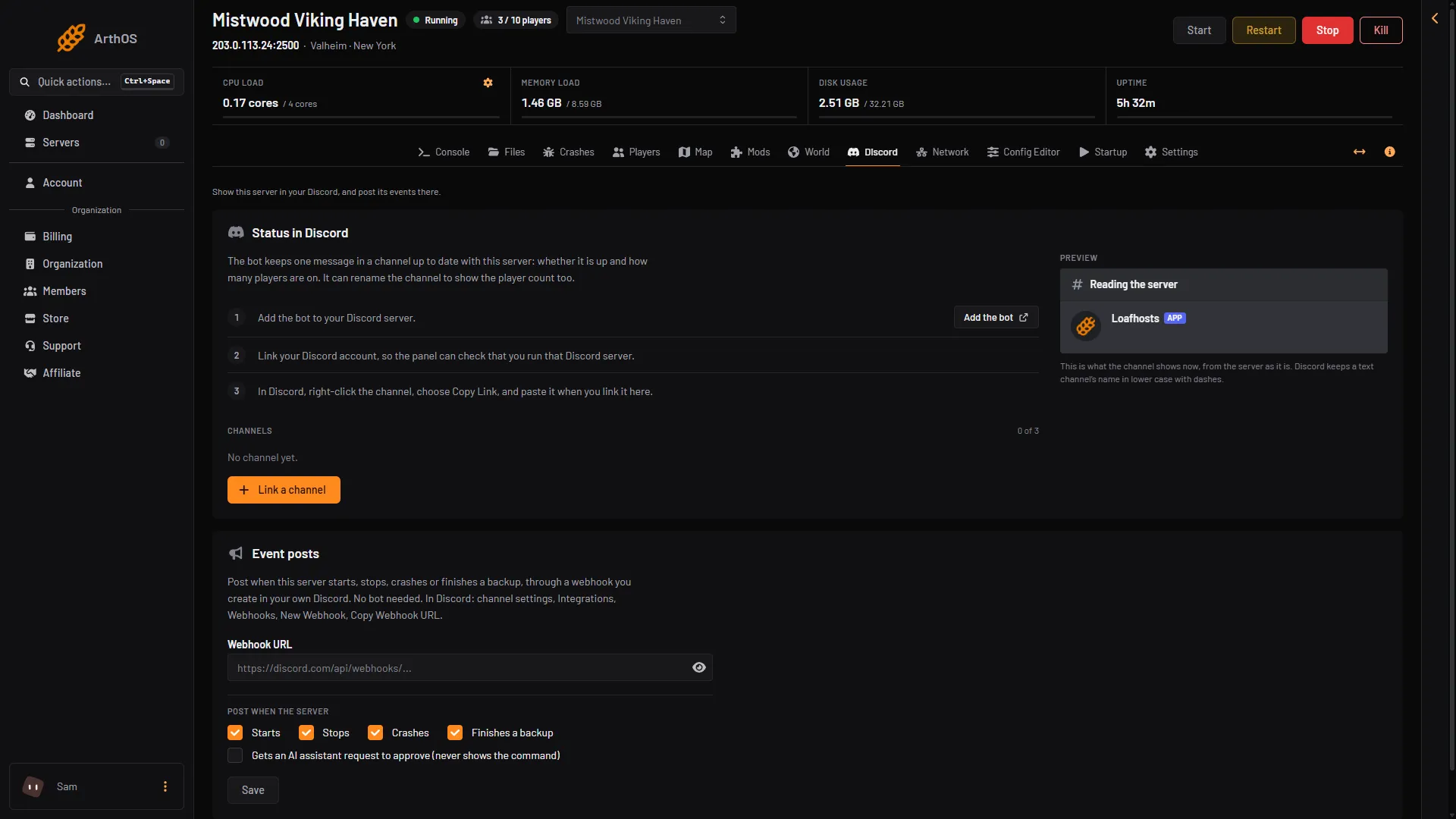 Discord page of a Valheim server with the three steps and the preview of the status message